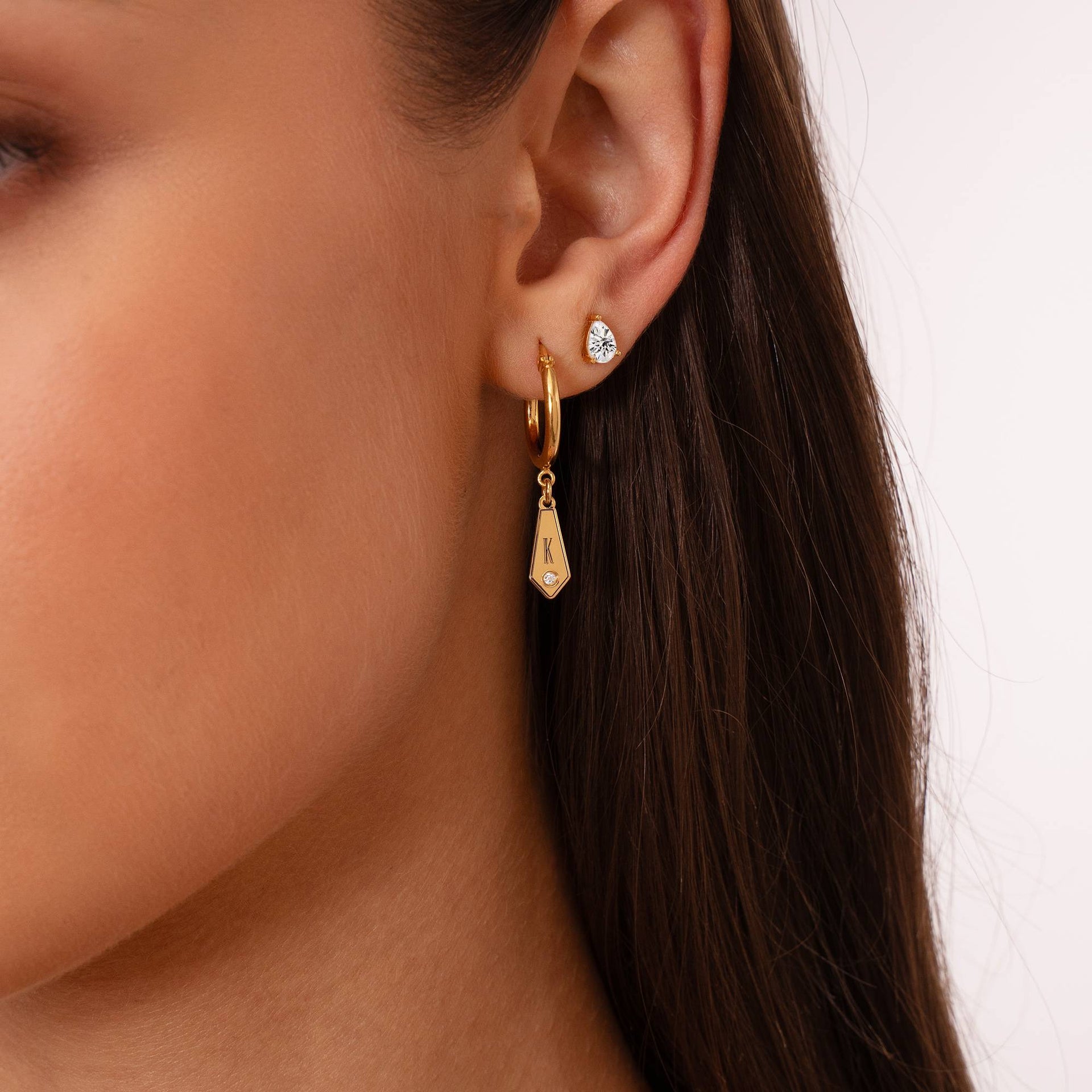 Gia Drop Initial Huggies with Birthstones in 18K Gold Plating