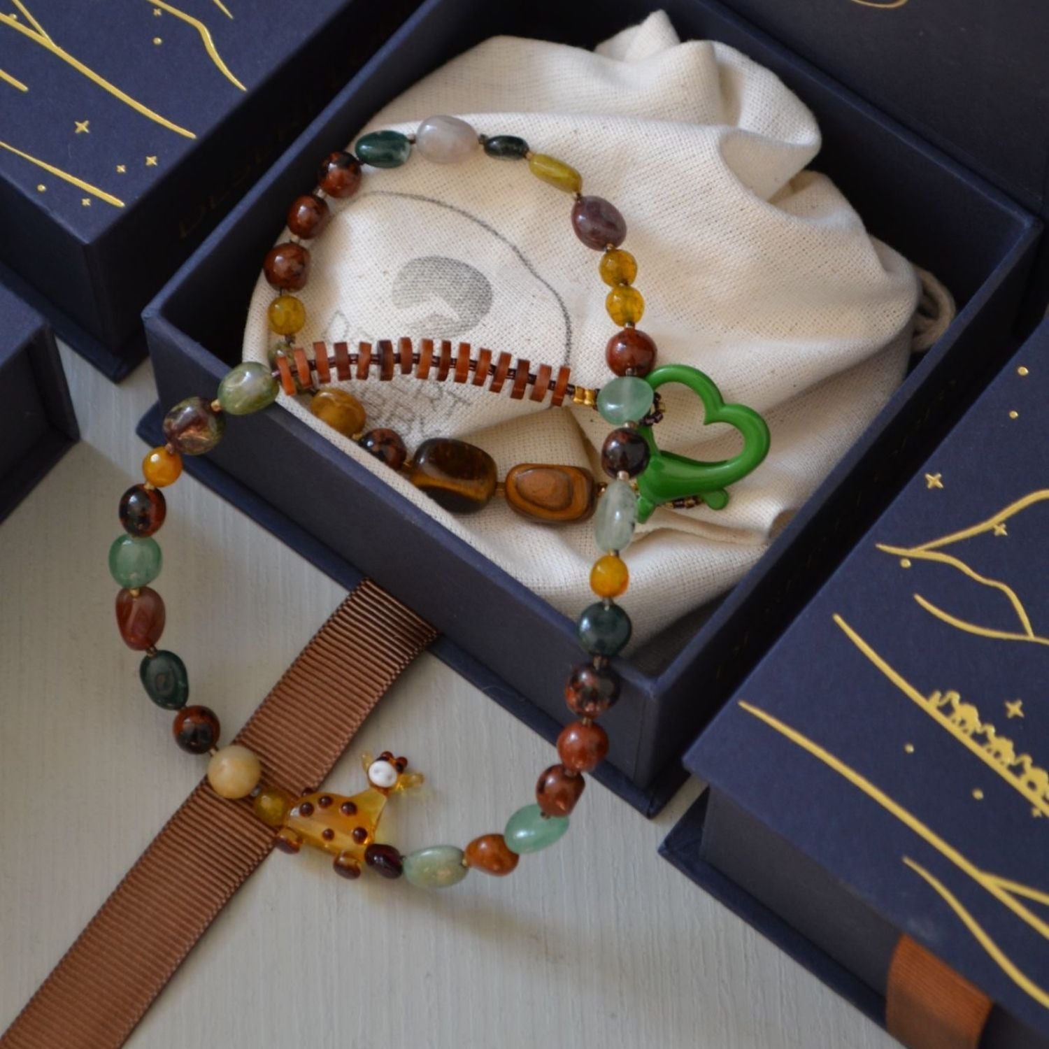 Giraffe – Handmade Beaded Necklace With Murano Giraffe, Green Gemstones & Heart Clasp