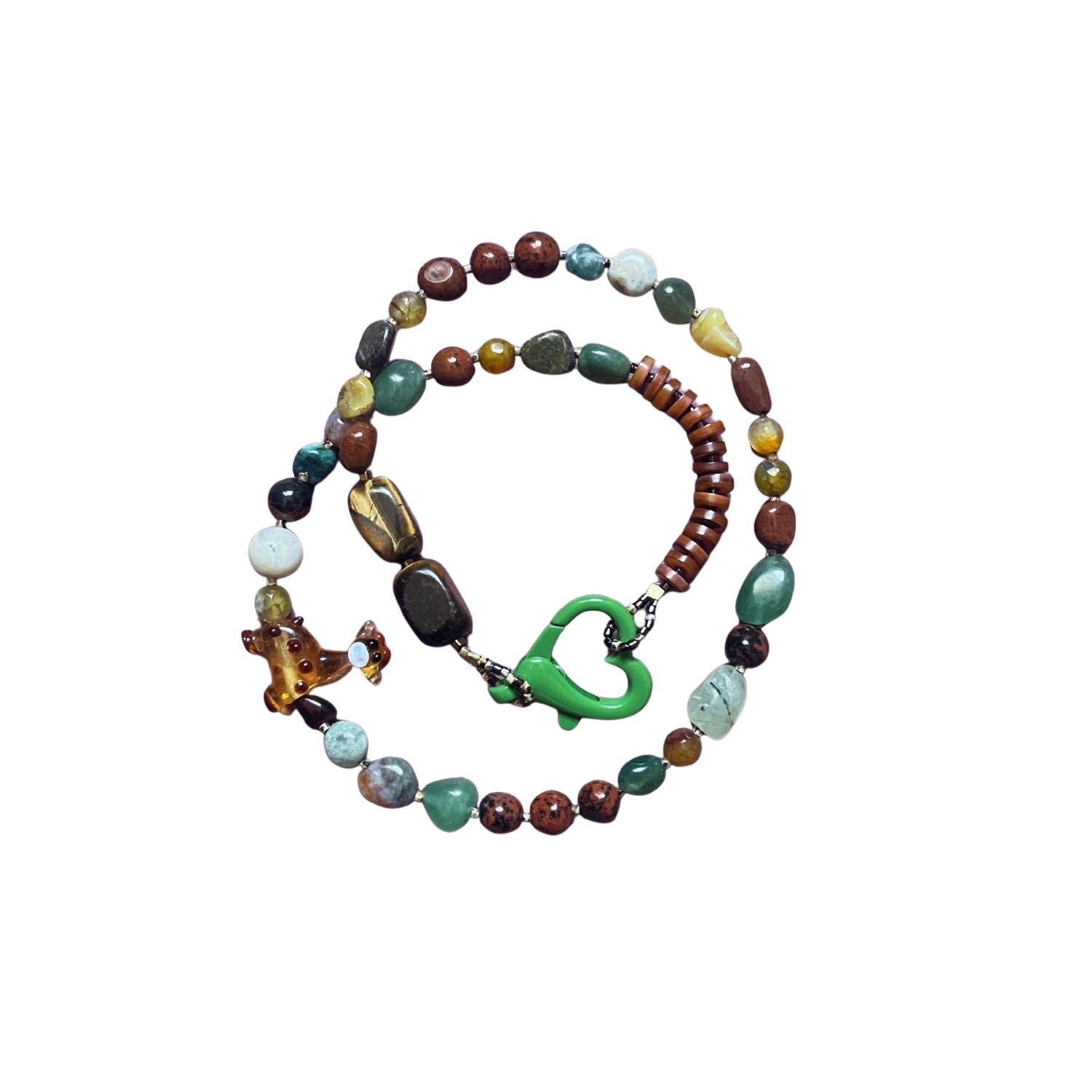 Giraffe – Handmade Beaded Necklace With Murano Giraffe, Green Gemstones & Heart Clasp