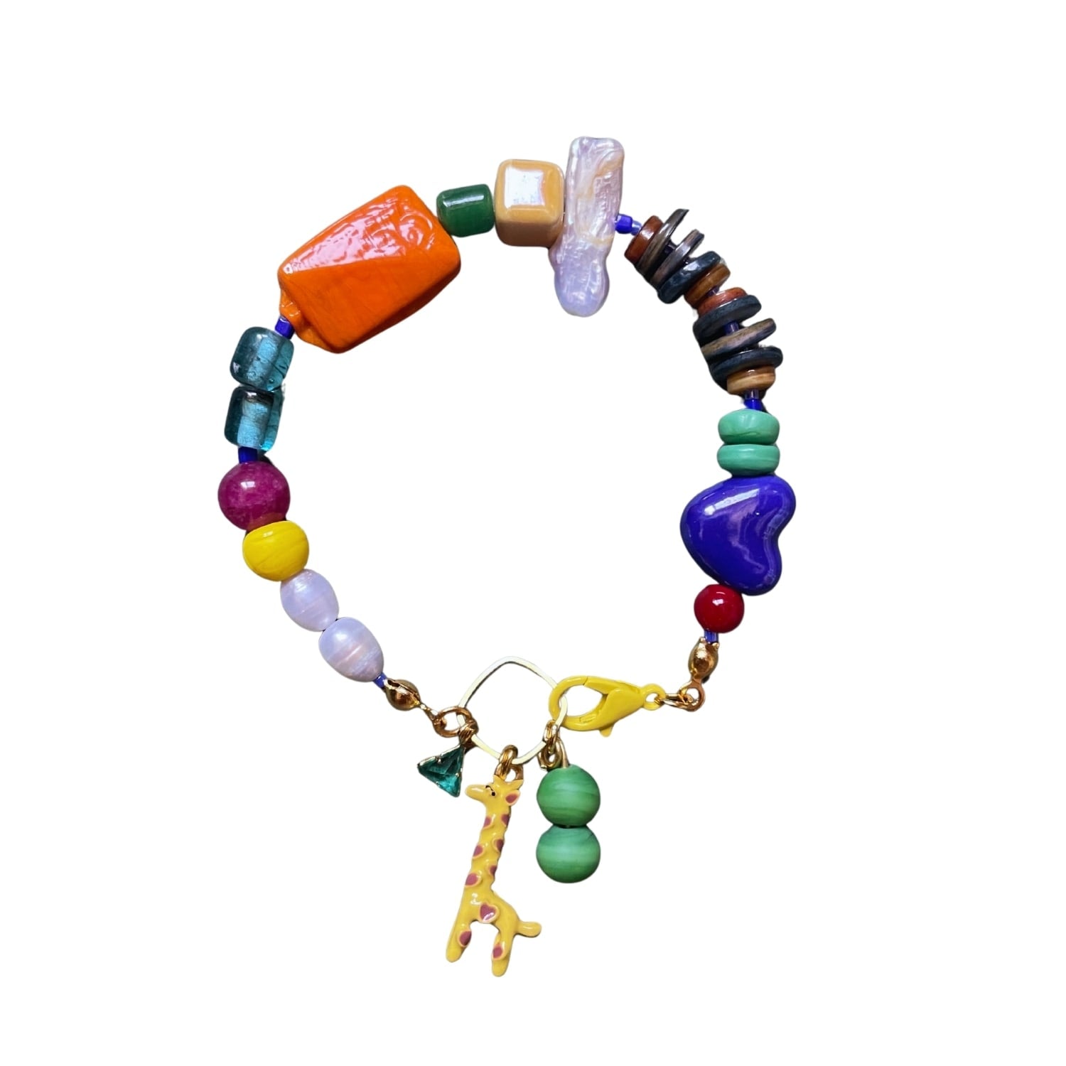 Giraffic Art – Colorful Handmade Beaded Bracelet With Giraffe Charm, Pearl, Mother Of Pearl & Glass Beads
