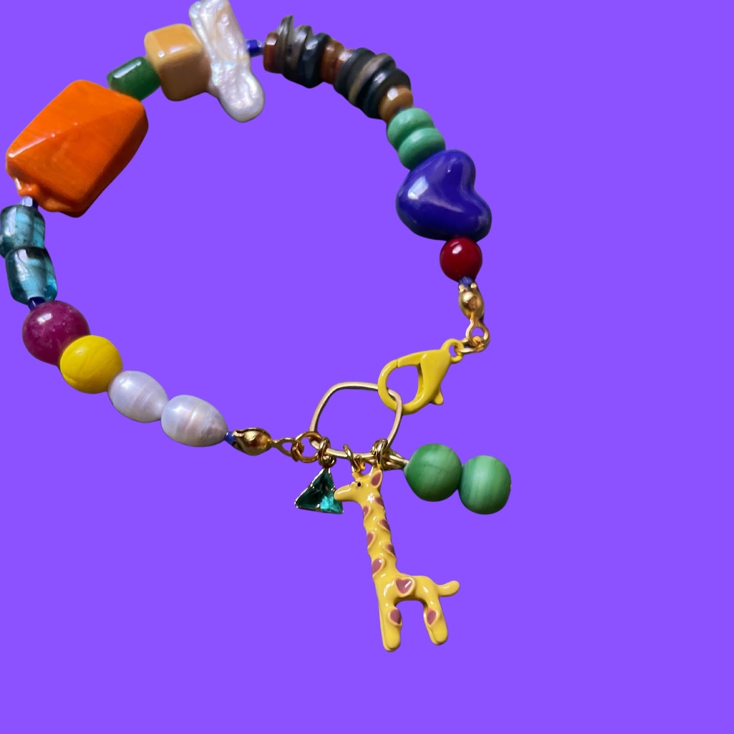 Giraffic Art – Colorful Handmade Beaded Bracelet With Giraffe Charm, Pearl, Mother Of Pearl & Glass Beads