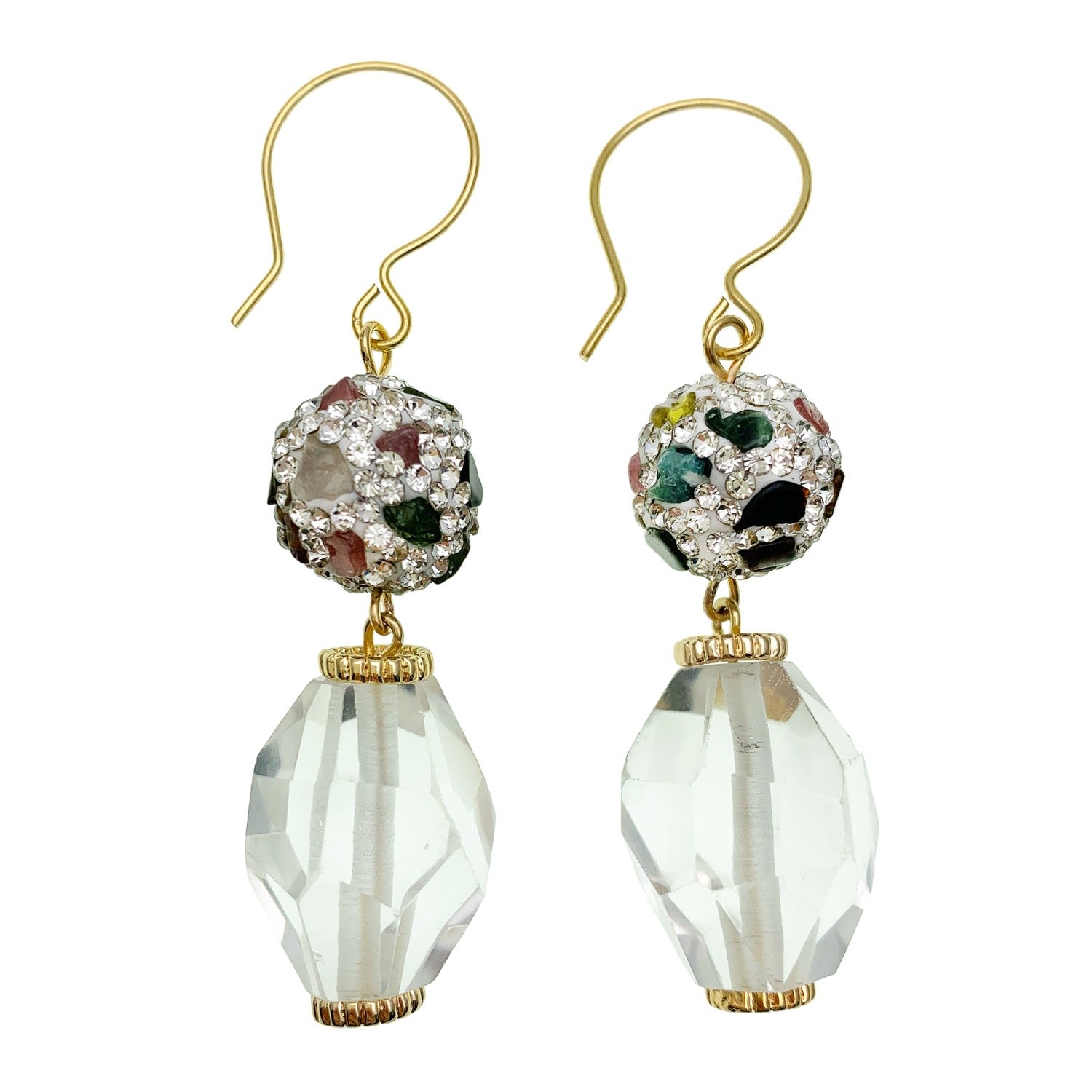 White Quartz With Rhinestones Bordered Tourmaline Dangle Earrings