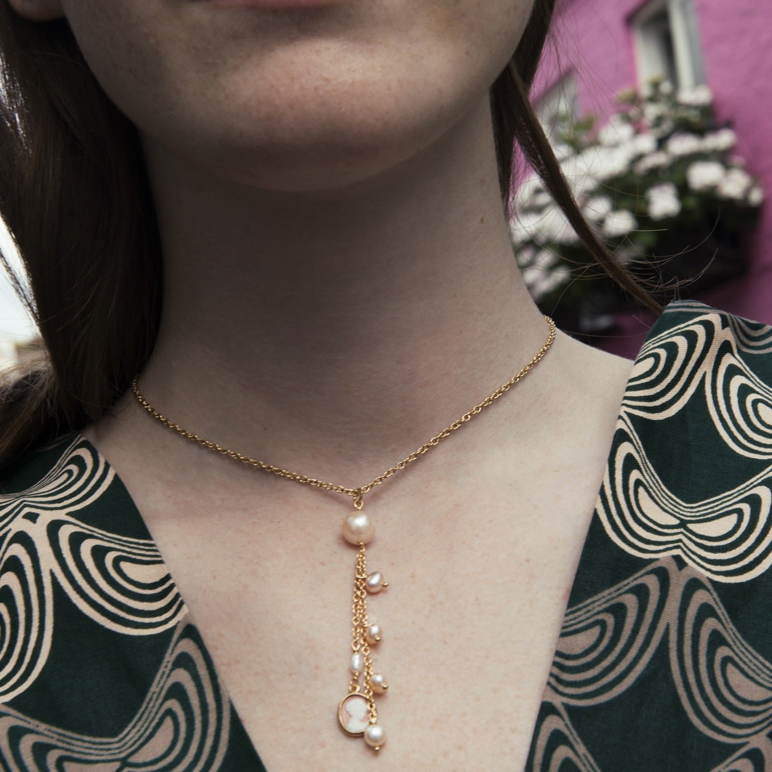 Gold Plated Mini Cameo & Pearl Necklace