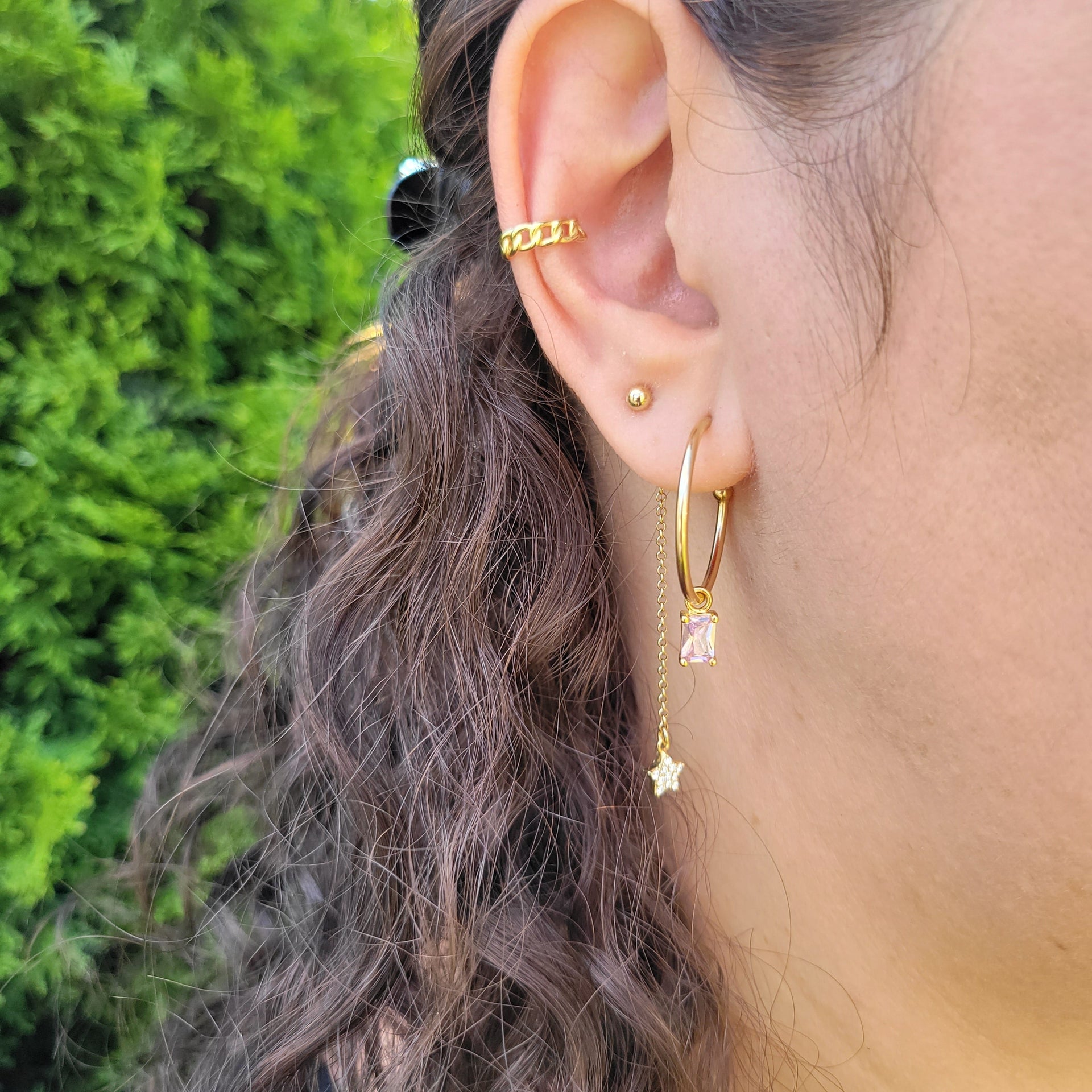 Single Earring Star Cz Charm With Chain