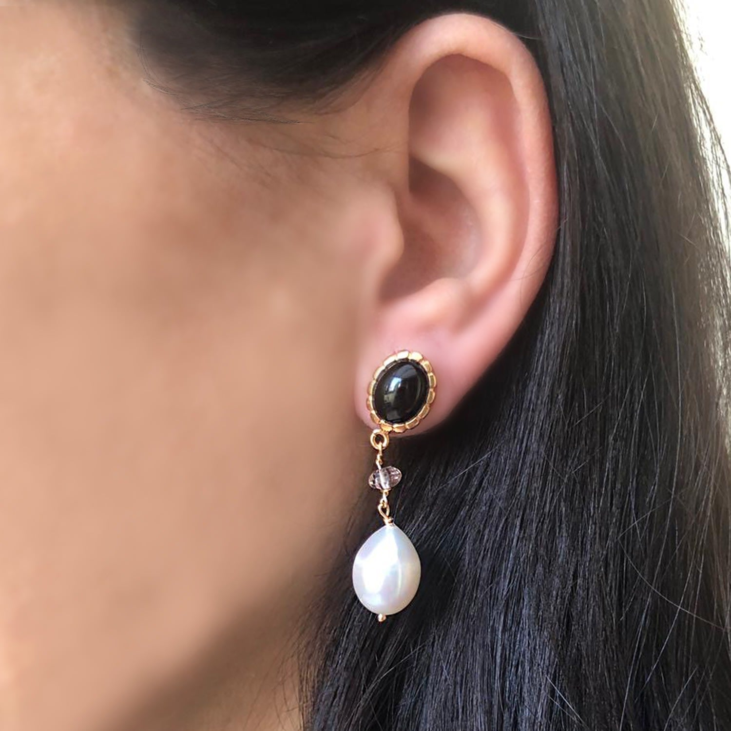 Onyx, Pink Quartz & Pearl Rose Gold Drop Earrings