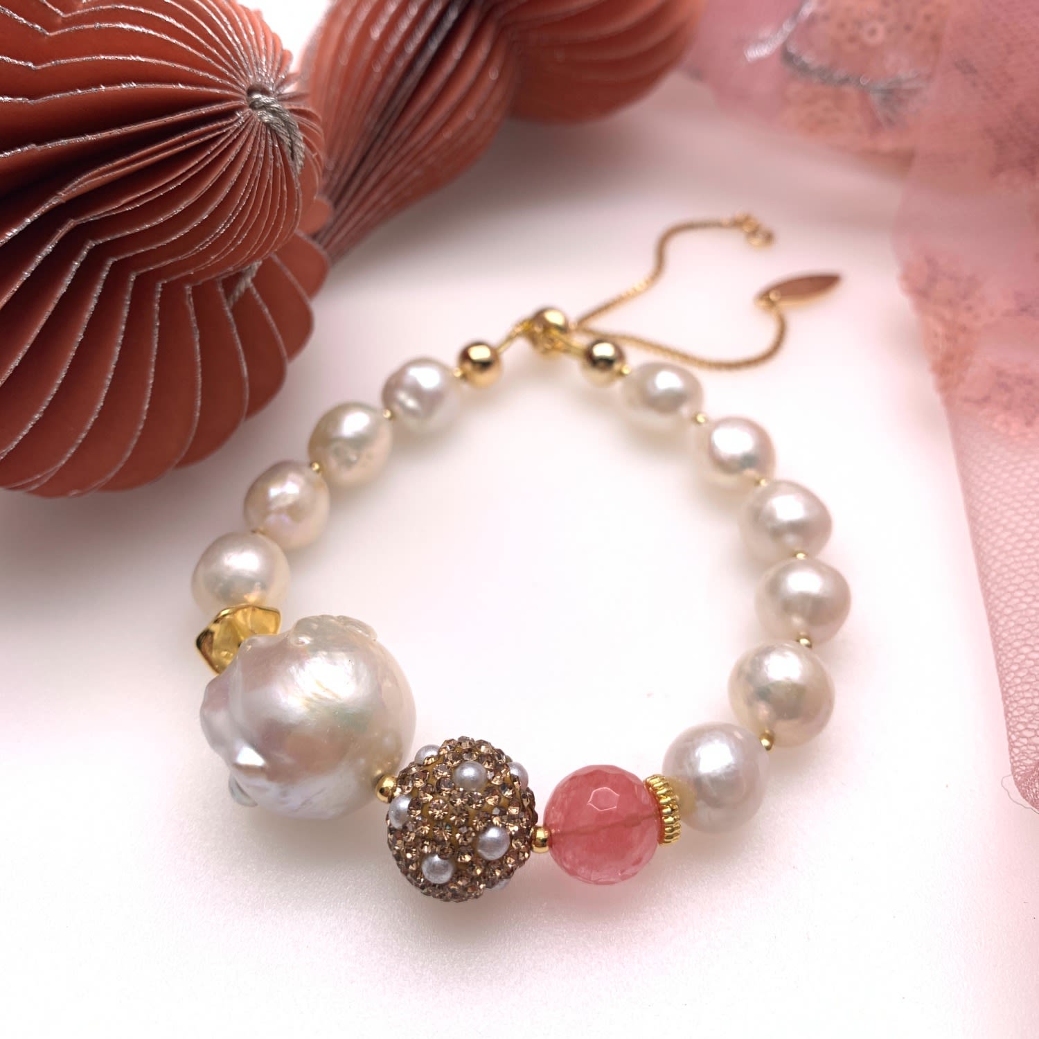 Freshwater Pearls With Watermelon & Rhinestone Bracelet
