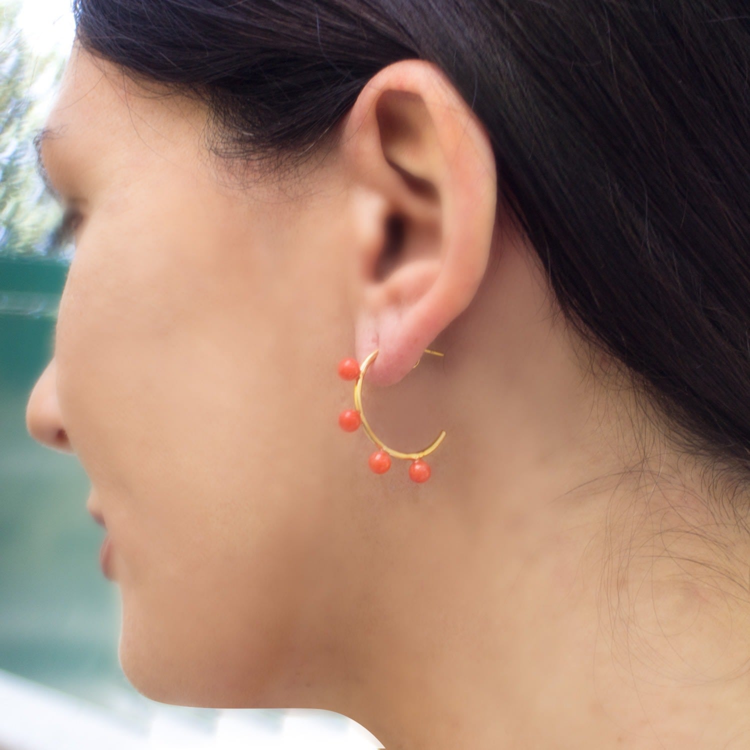 Coral Bead Hoop Earrings