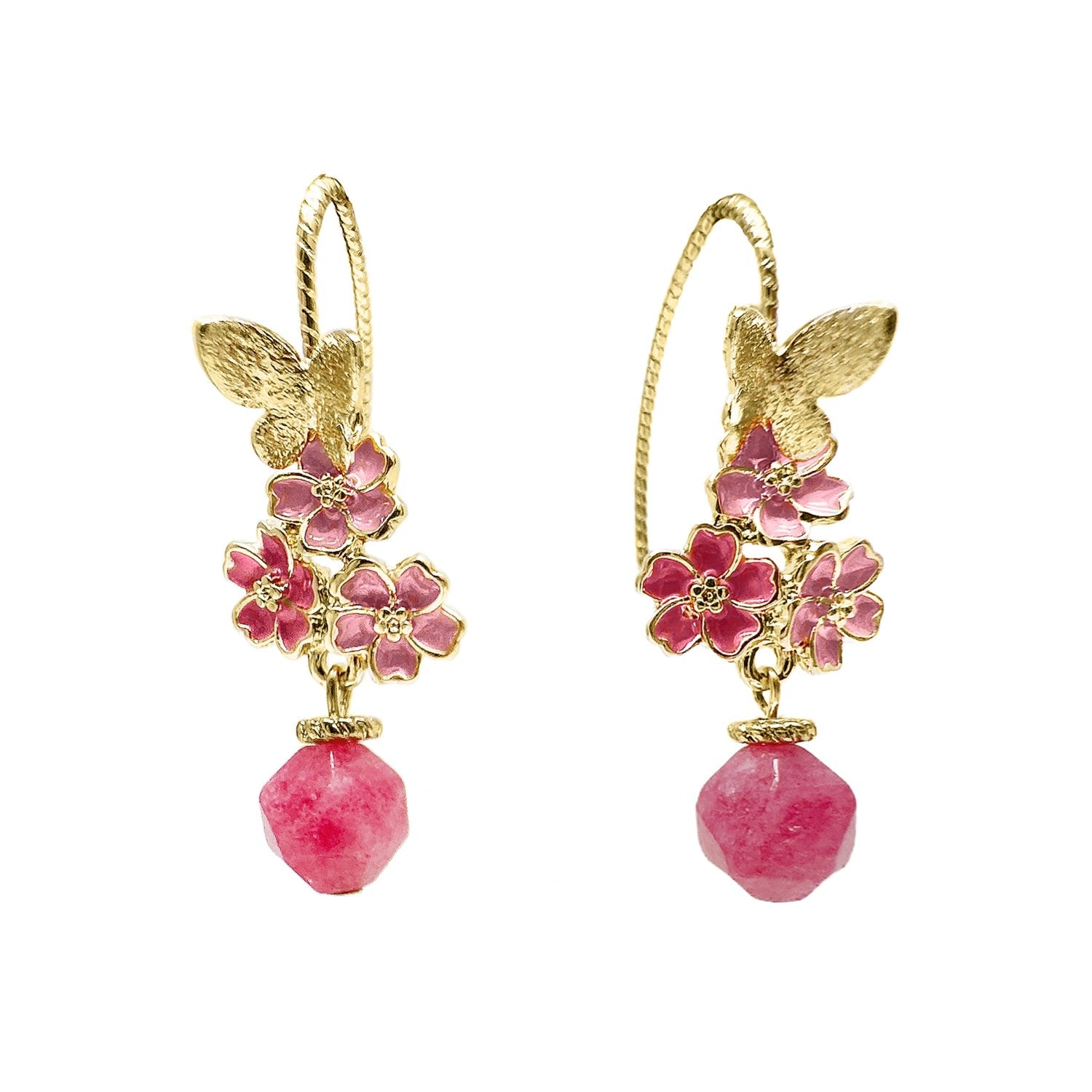 Glazed Flower With Pink Gemstone Dangle Earrings