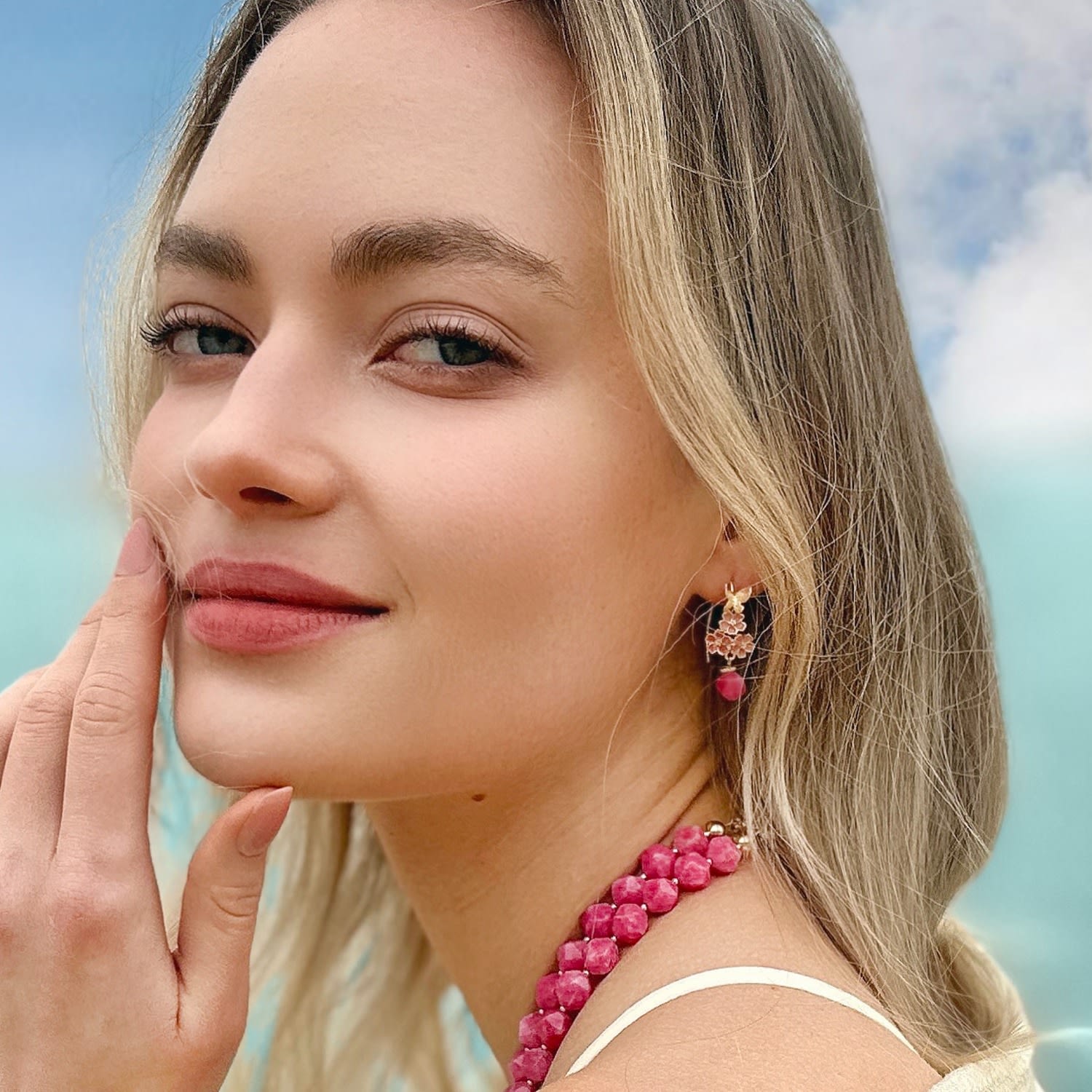 Glazed Flower With Pink Gemstone Dangle Earrings