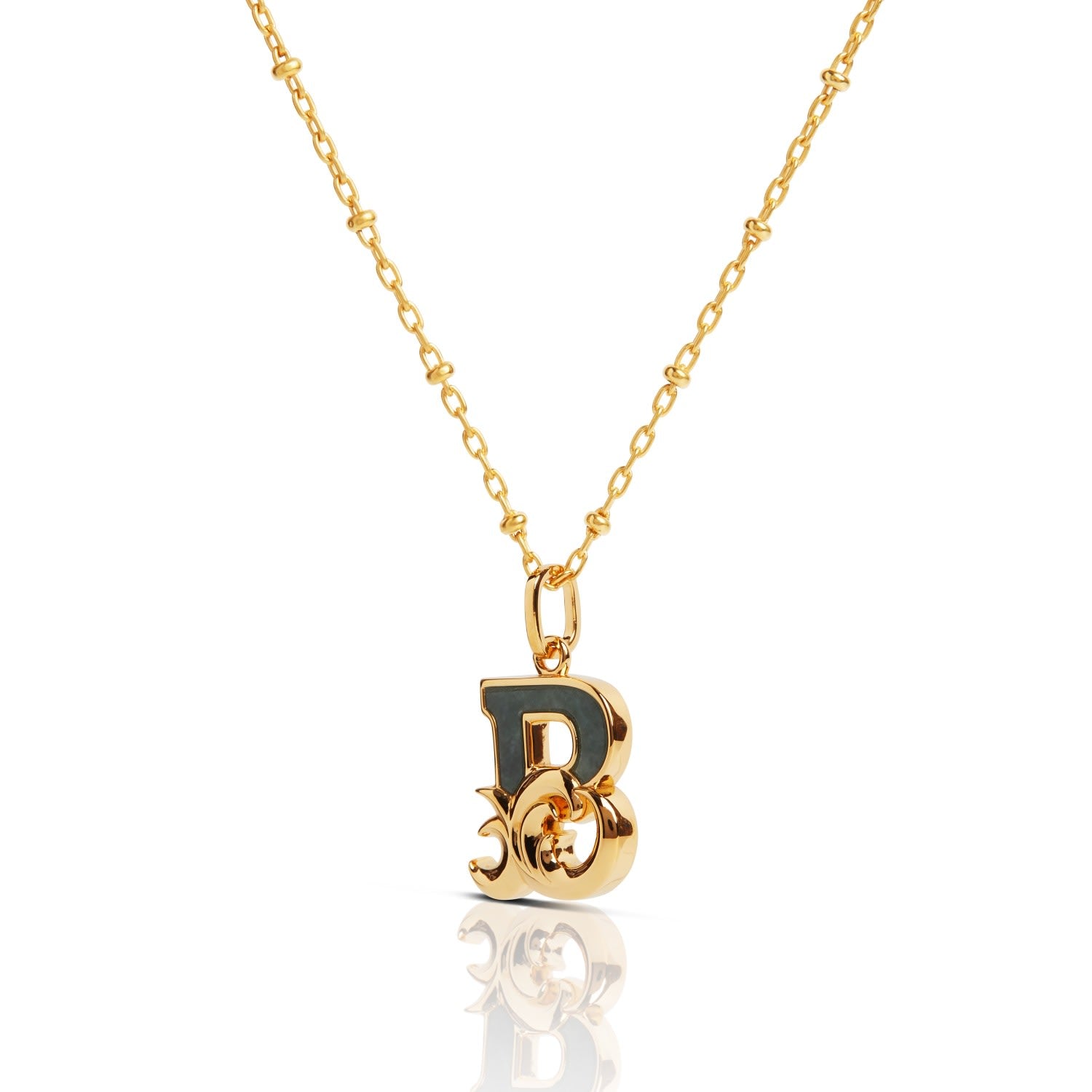 Gold Plated B Initial Necklace With Green Marble