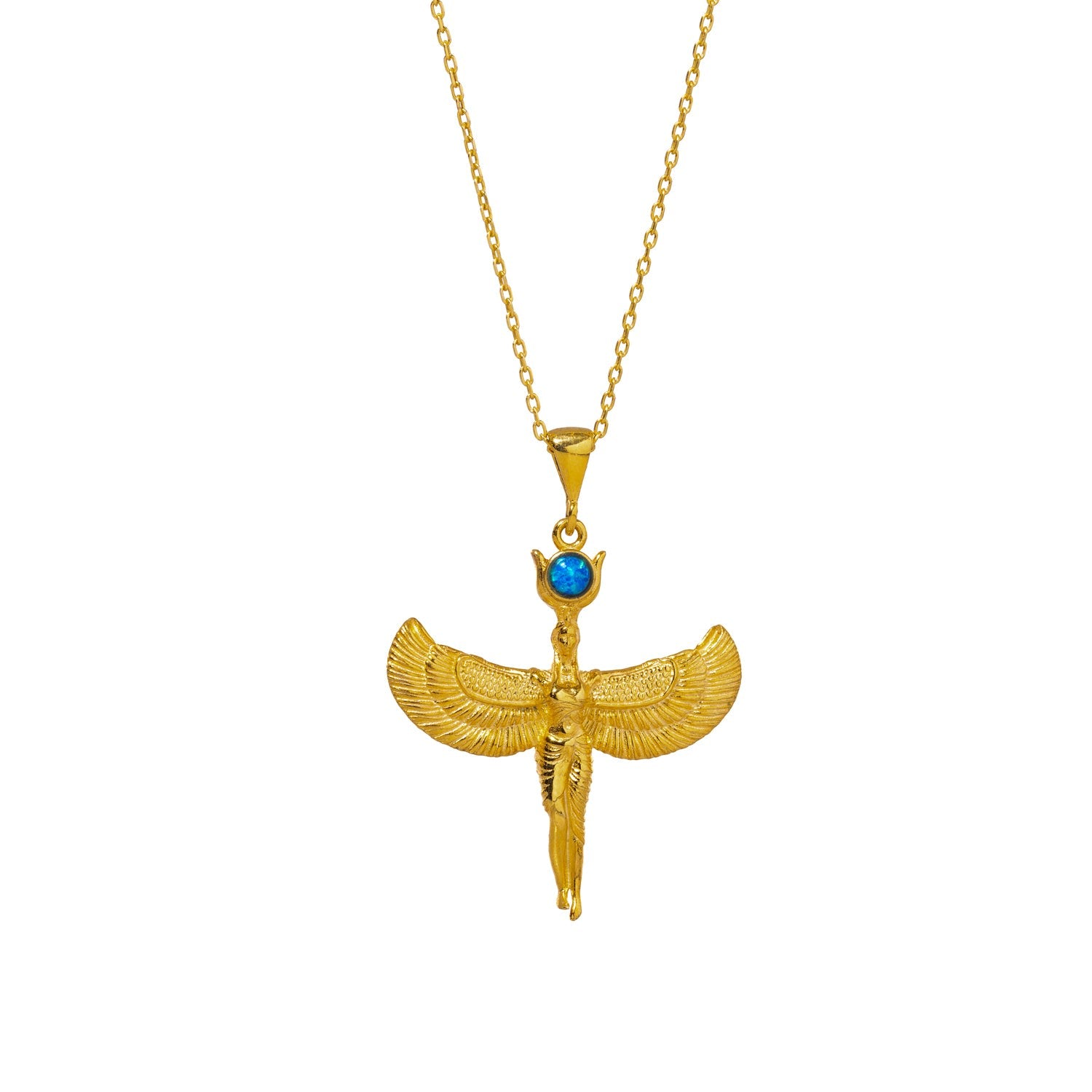 Goddess Isis Pendant Blue Opal Stone & Gold Chain Necklace - Gold