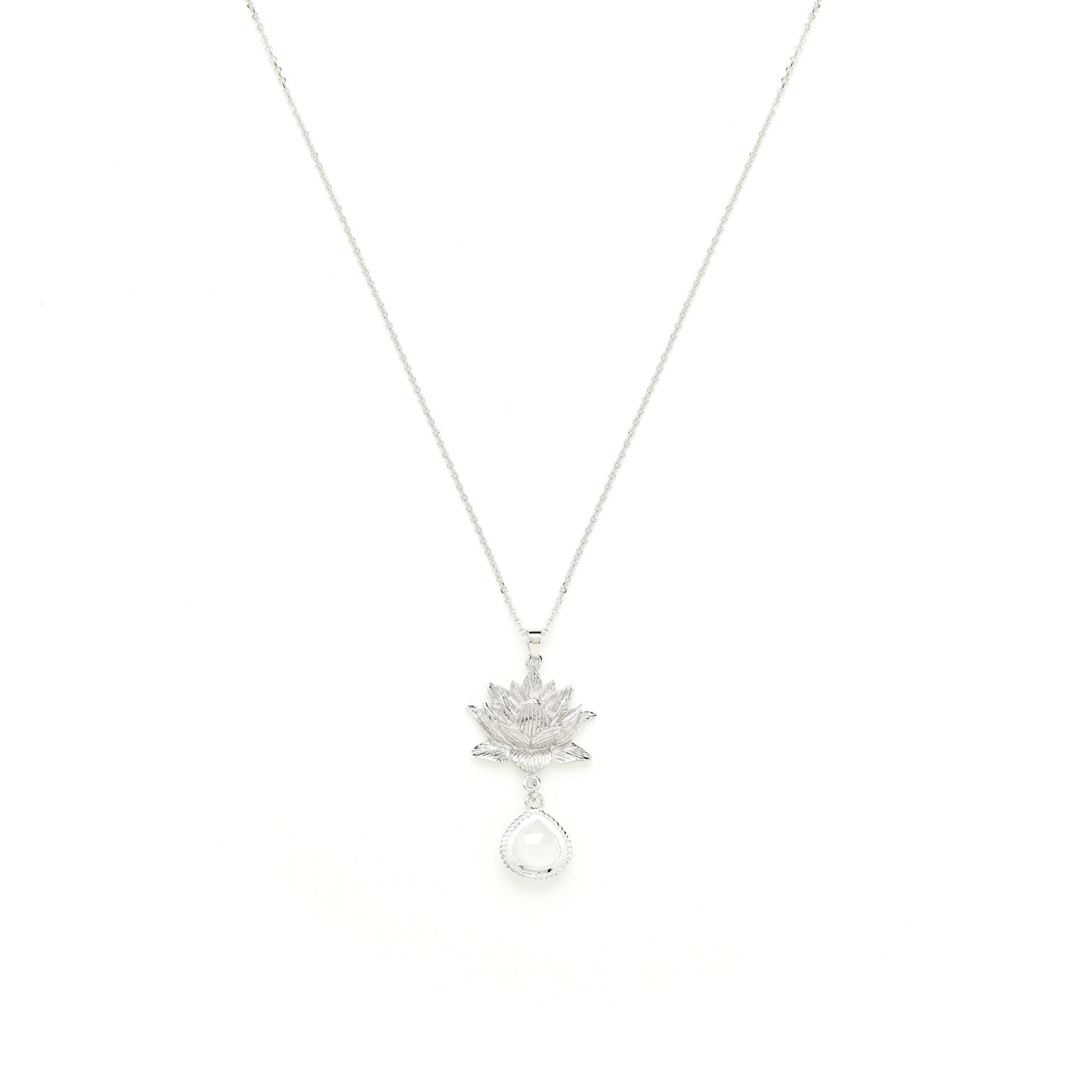 Goddess Lotus Necklace, Moonstone, White Rhodium Over Sterling Silver