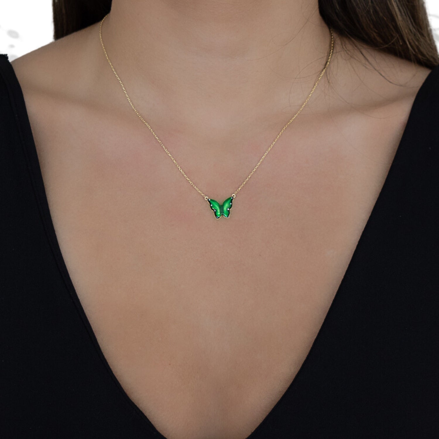 Gold Abundance Green Enamel Butterfly Necklace - Green