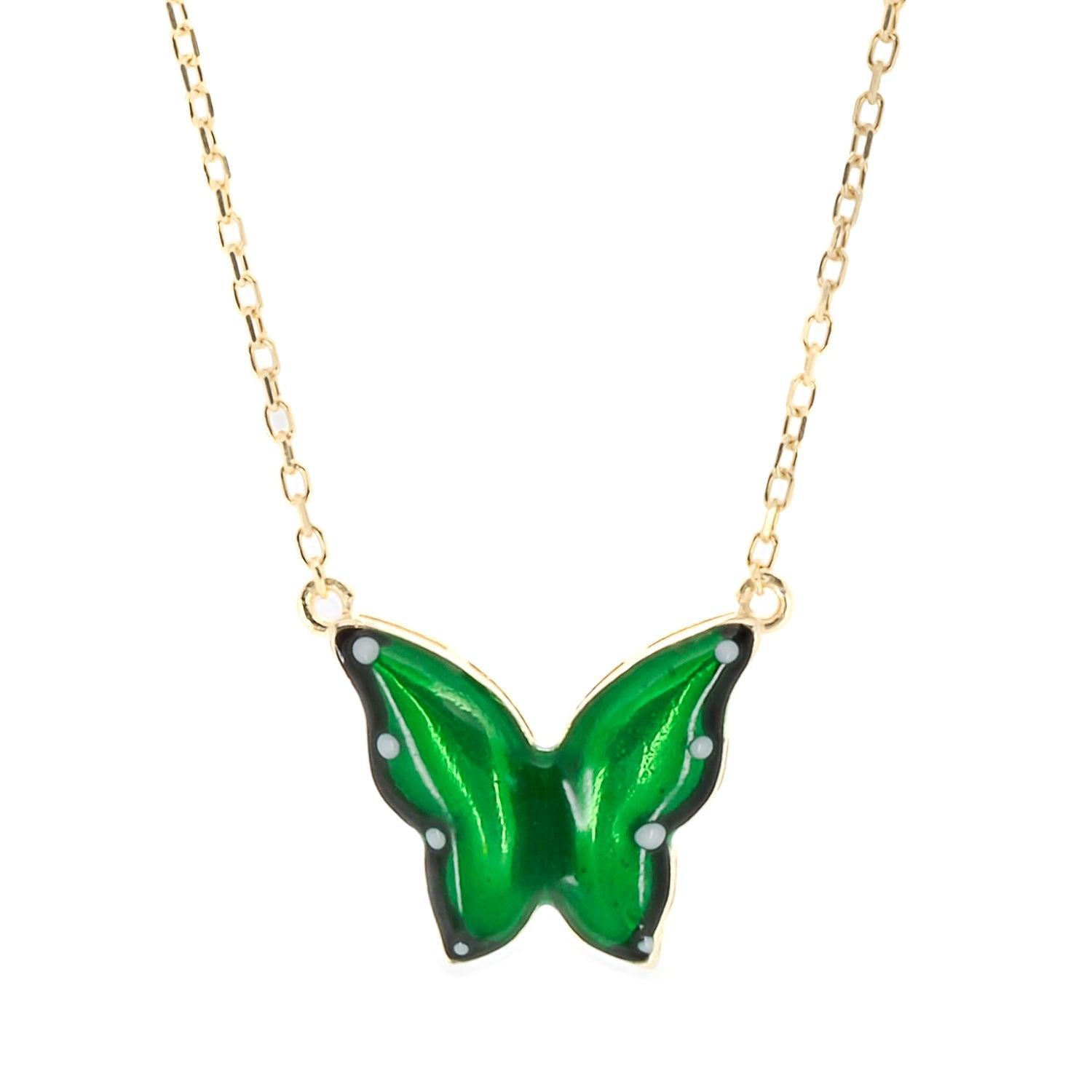 Gold Abundance Green Enamel Butterfly Necklace - Green