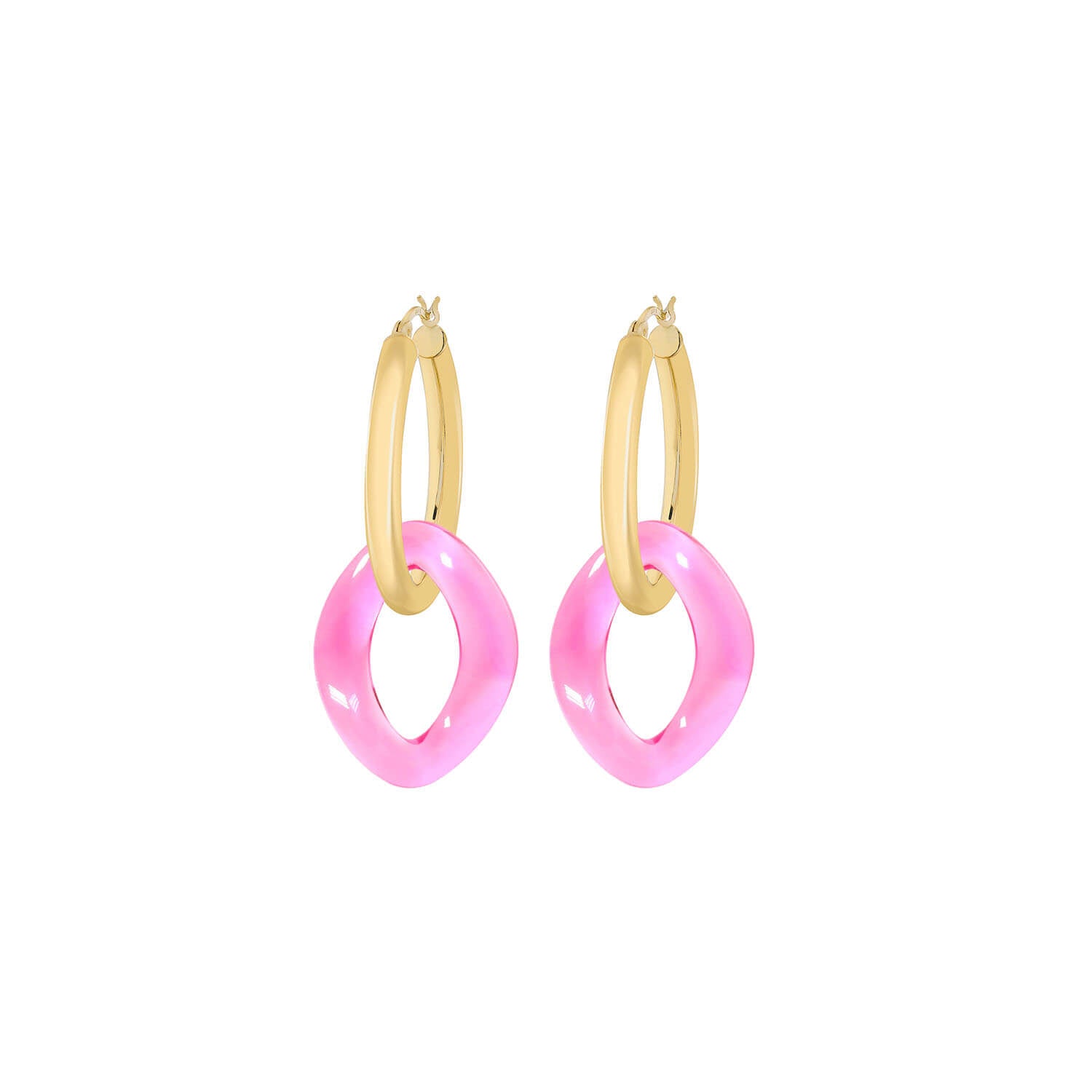 Gold And Lucite Curb Link Drop Hoop Earrings In Pink