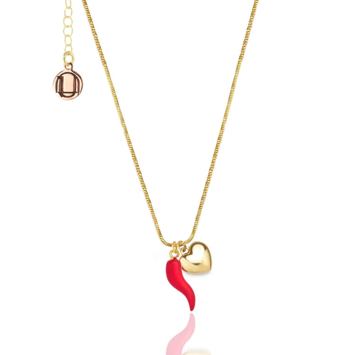 Gold And Red Enamel Cornicello Necklace With Heart Charm – Italian Handmade Good Luck Symbol