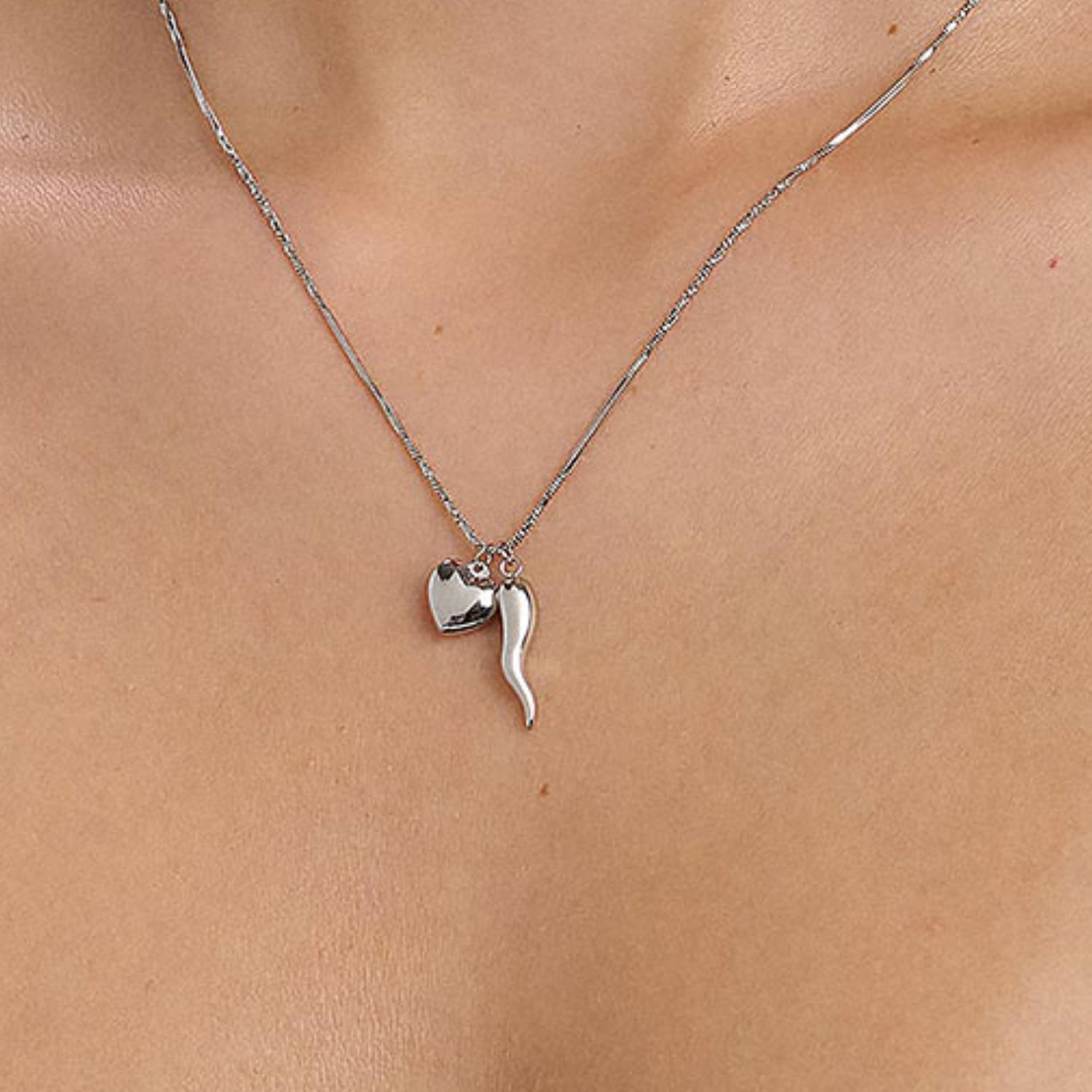 Sterling Silver Cornicello Necklace With Heart Charm – Italian Handmade Good Luck Symbol, Elegant Gift For Her