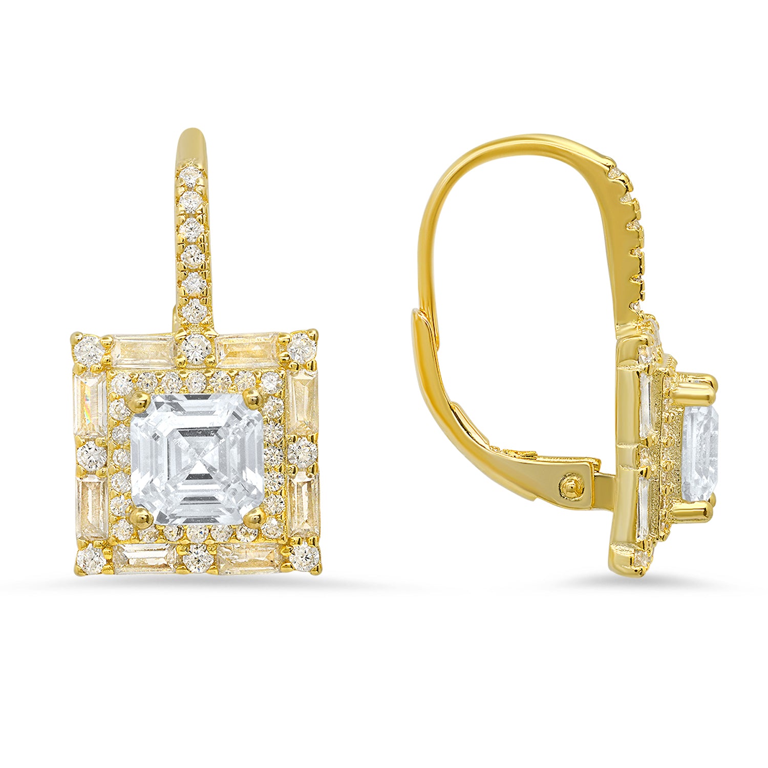 Gold Asscher Cut Halo Cz Leverback Earrings
