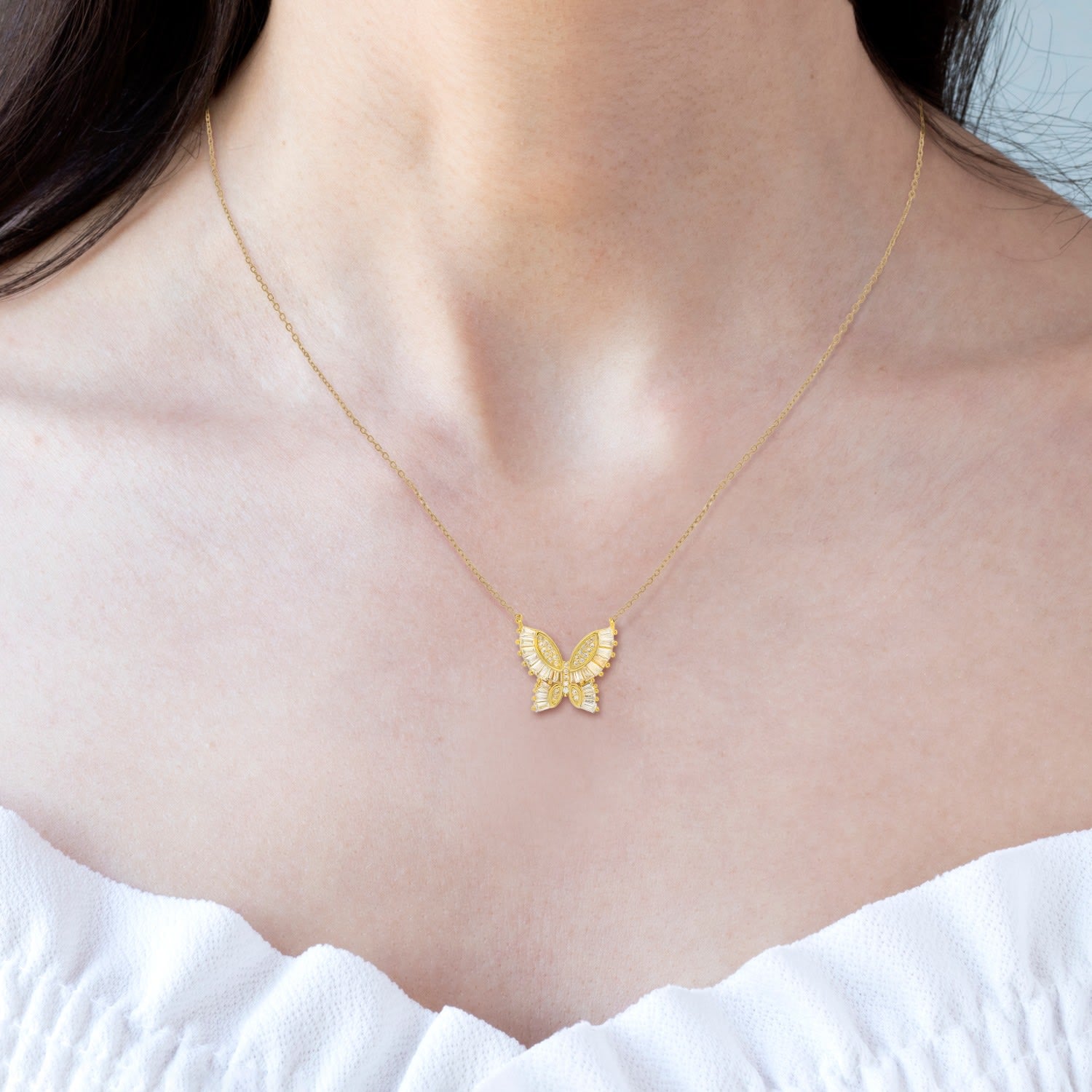 Gold Baguette Diamond Cz Butterfly Necklace
