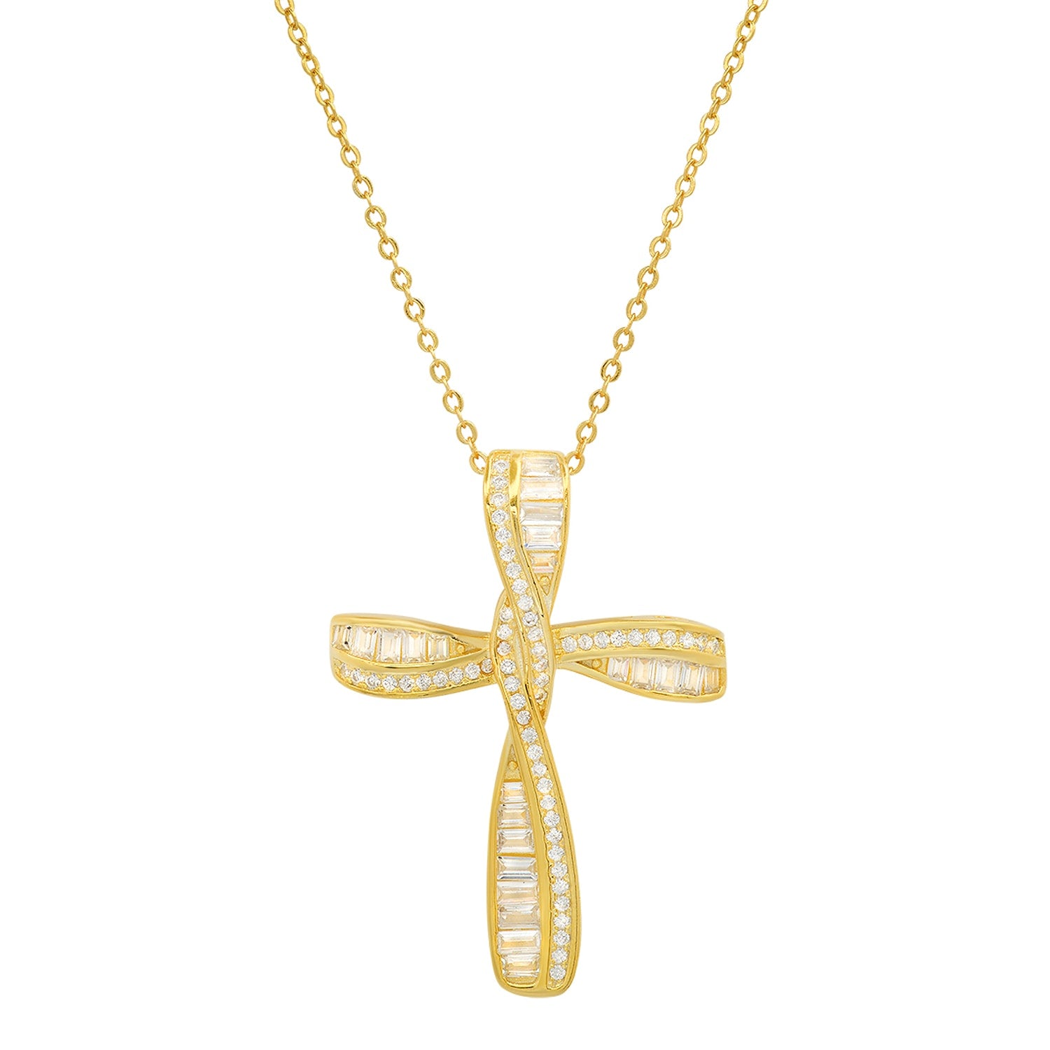 Gold Baguette Twist Diamond Cz Cross Pendant Necklace