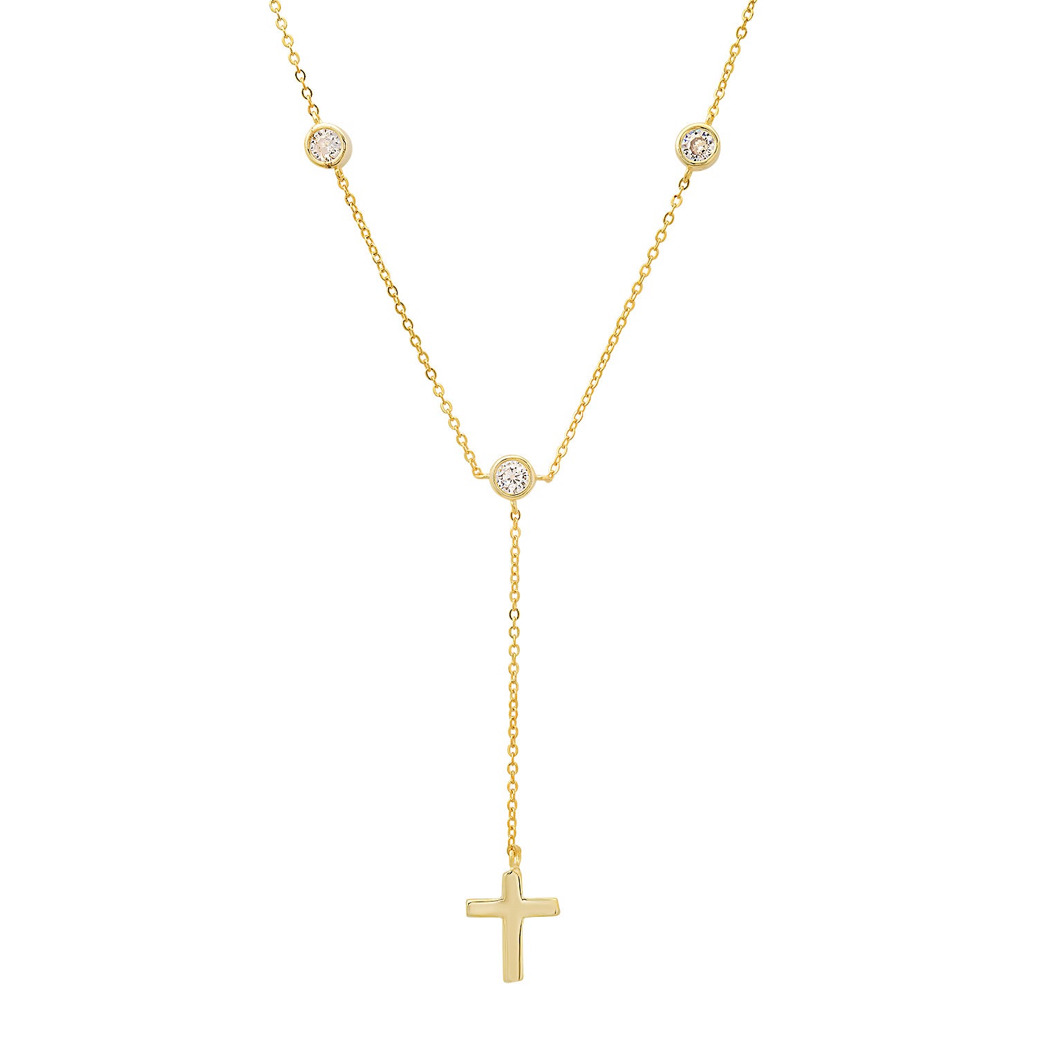 Gold Bezel-Set Diamond Cz Cross Y Necklace