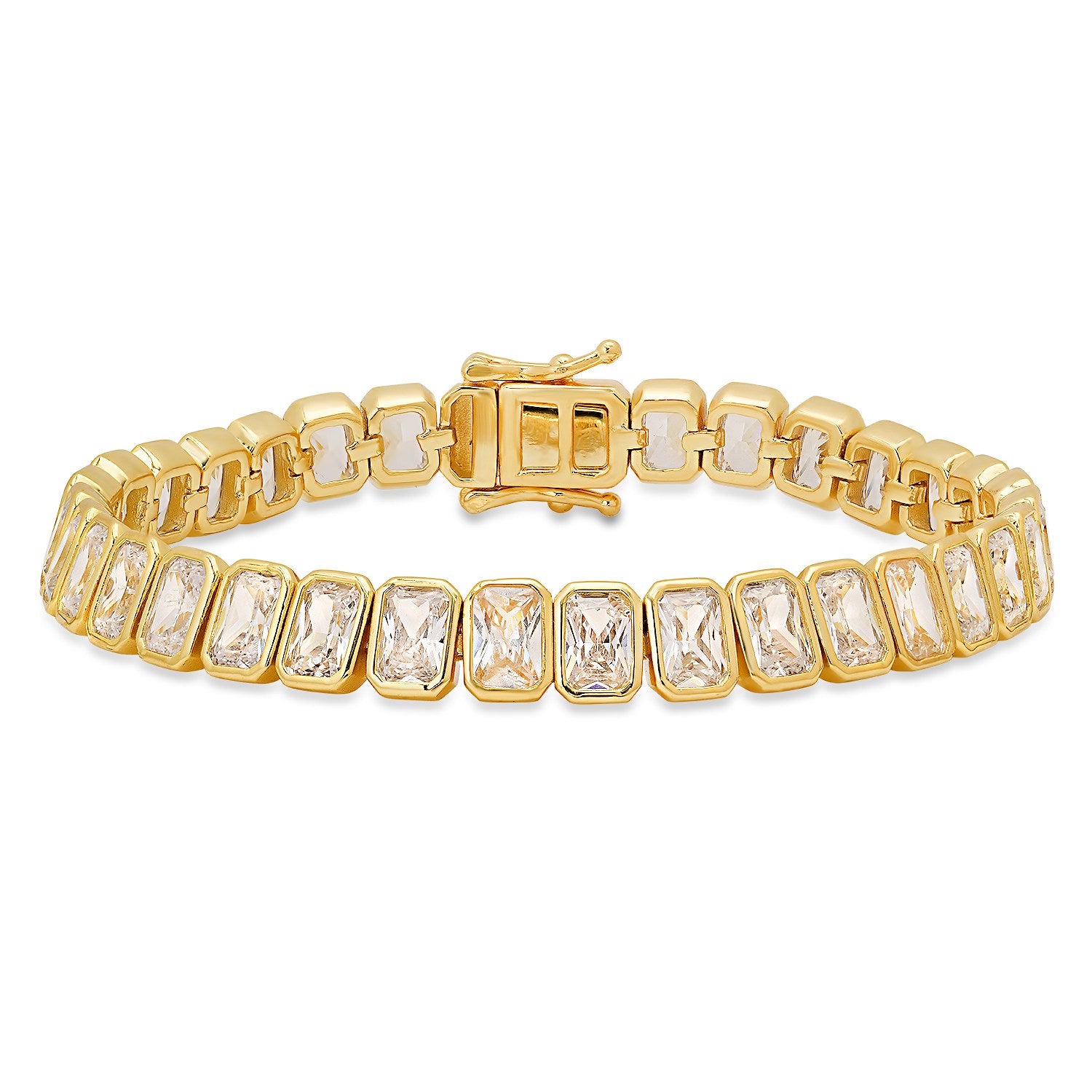 Gold Bezel-Set Emerald-Cut Diamond Cz Tennis Bracelet