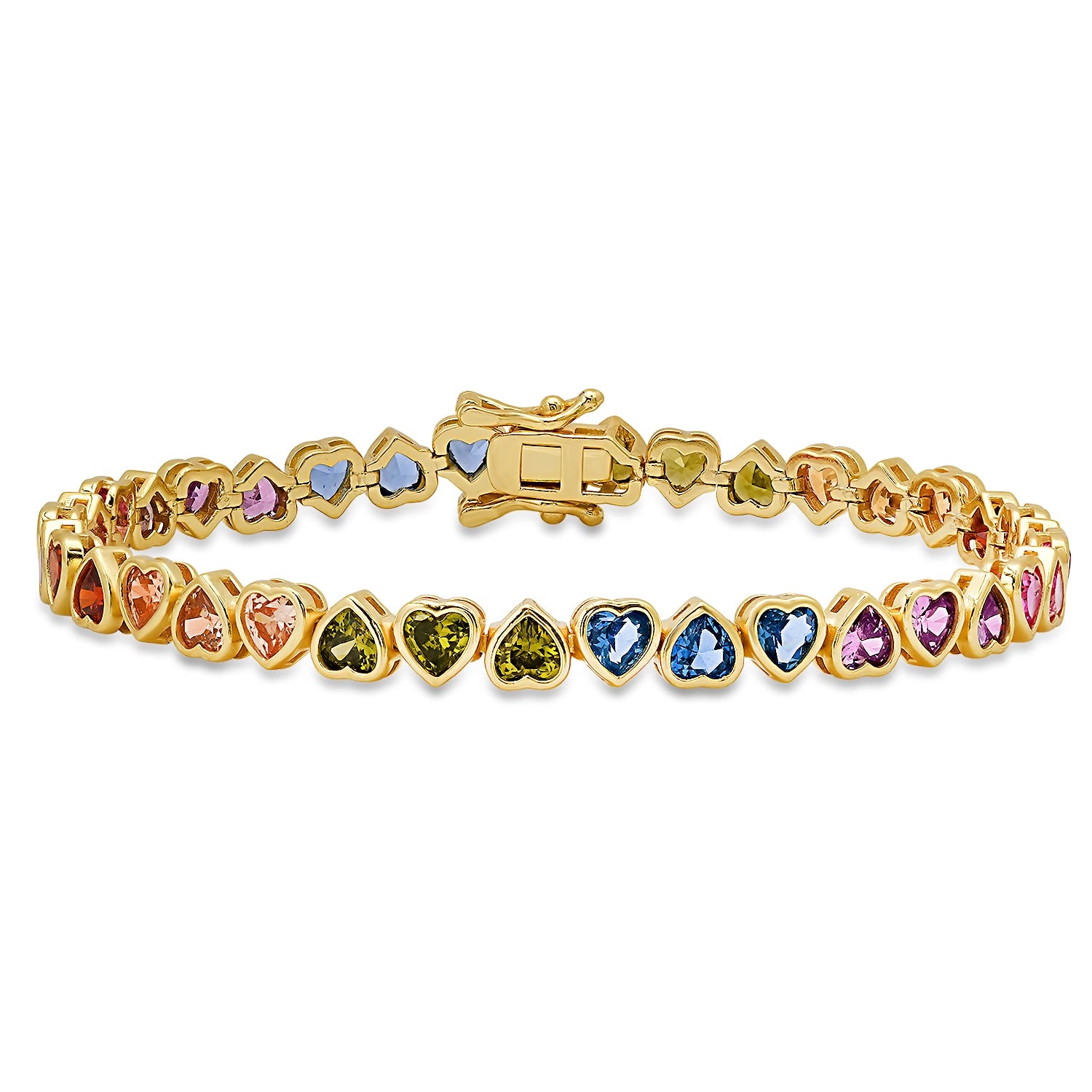 Gold Bezel-Set Multi Color Heart Tennis Bracelet