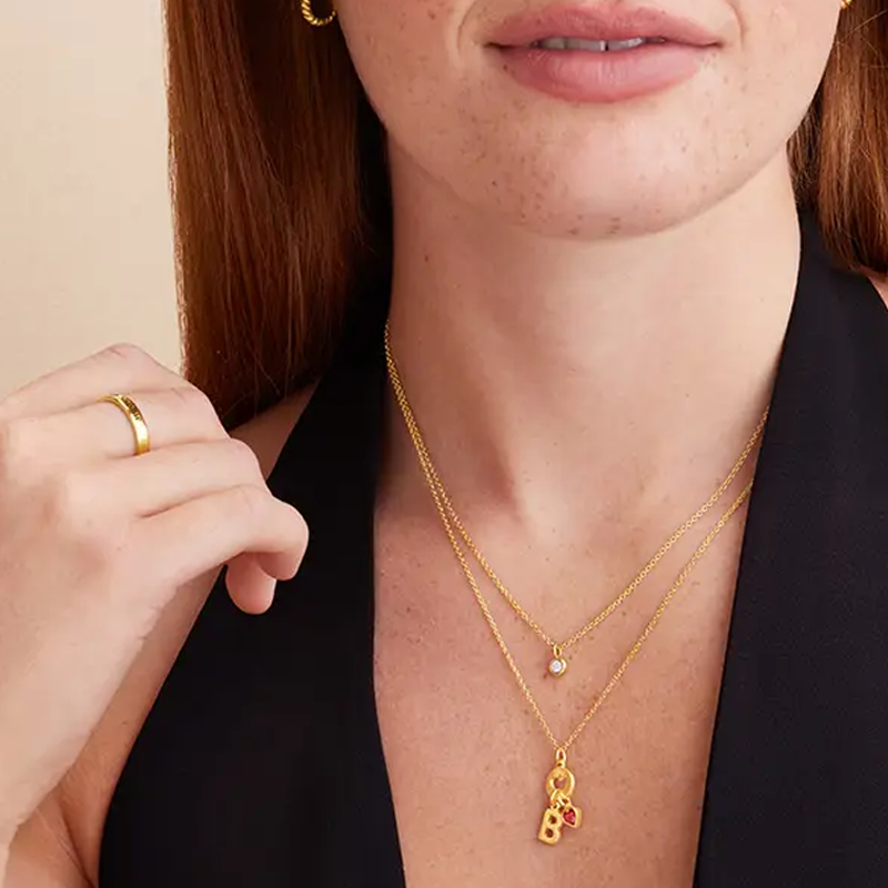 Gold Vermeil Personalized Initial Heart Necklace with Birthstone for Women