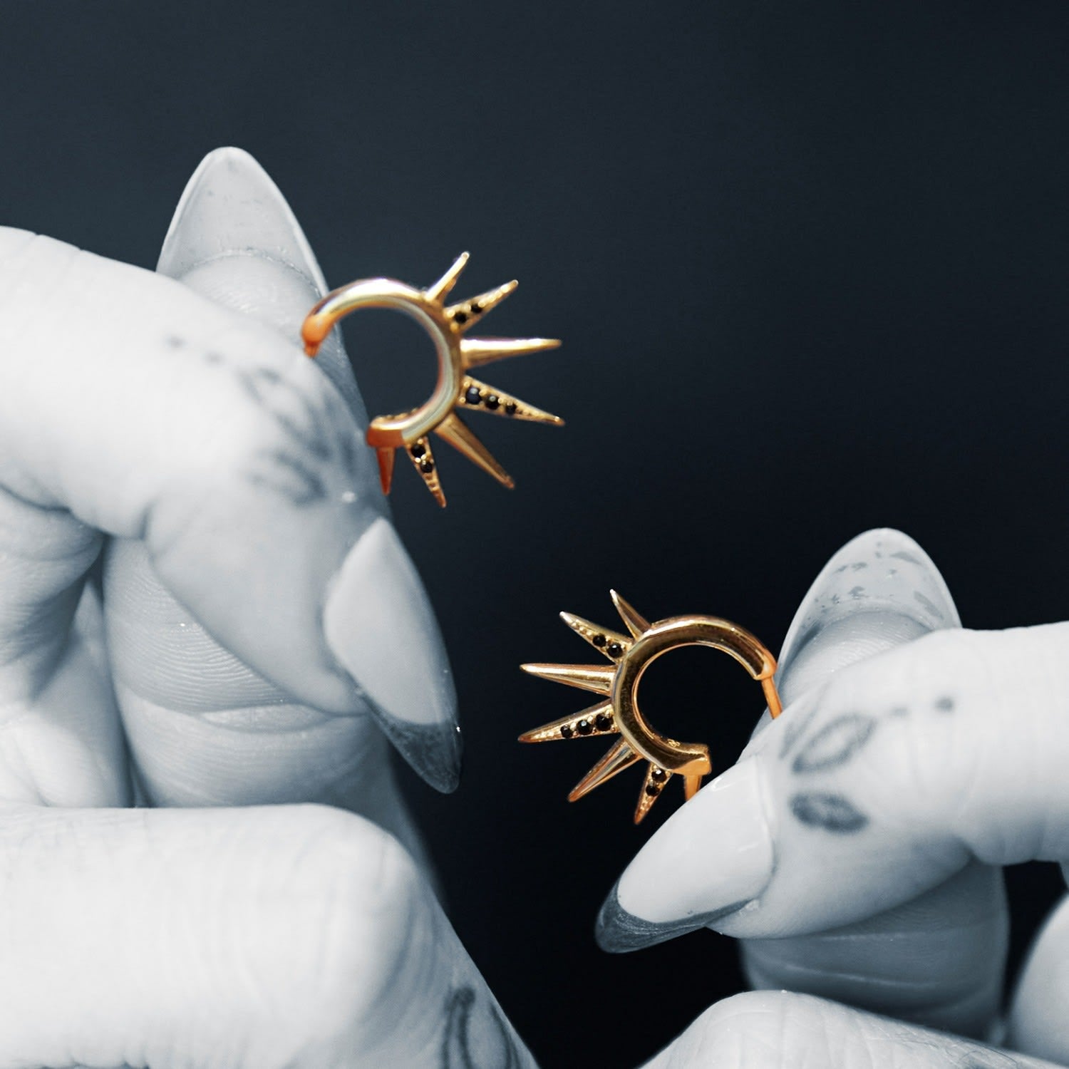 Gold Black Sun Spike Hoop Earrings