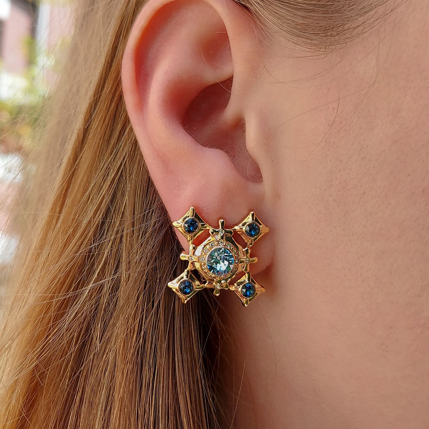 Gold & Blue Crystal Clip On Earrings, Series Dynasty