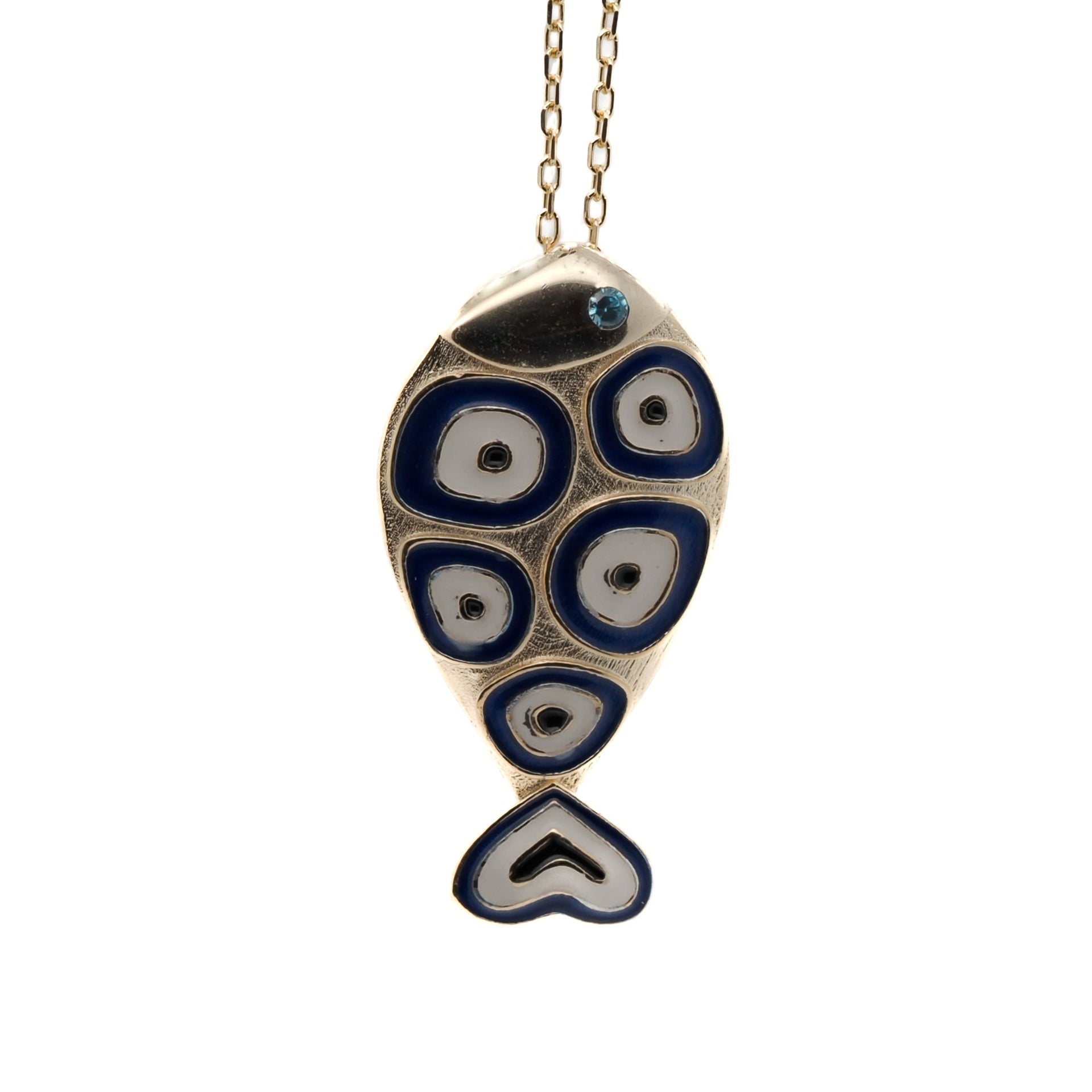 Gold & Blue Evil Eye Fish Necklace - Blue