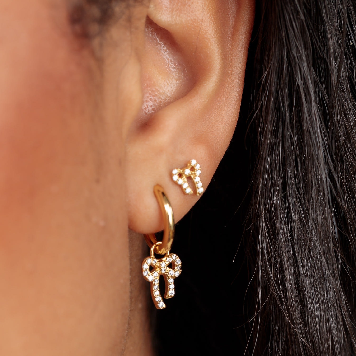 Gold Bow Charm Hoops