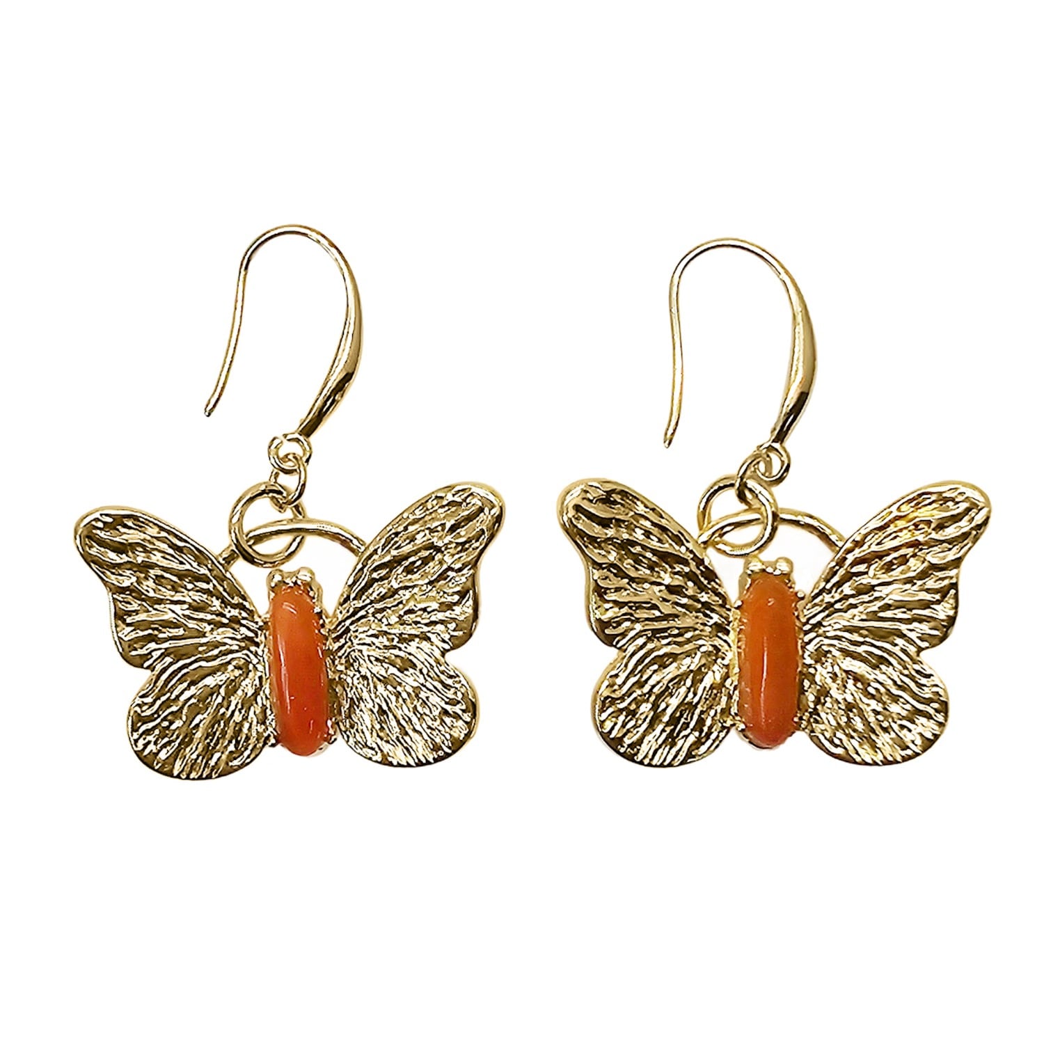 Gold Butterfly Red Agate Stone Dangle Earrings