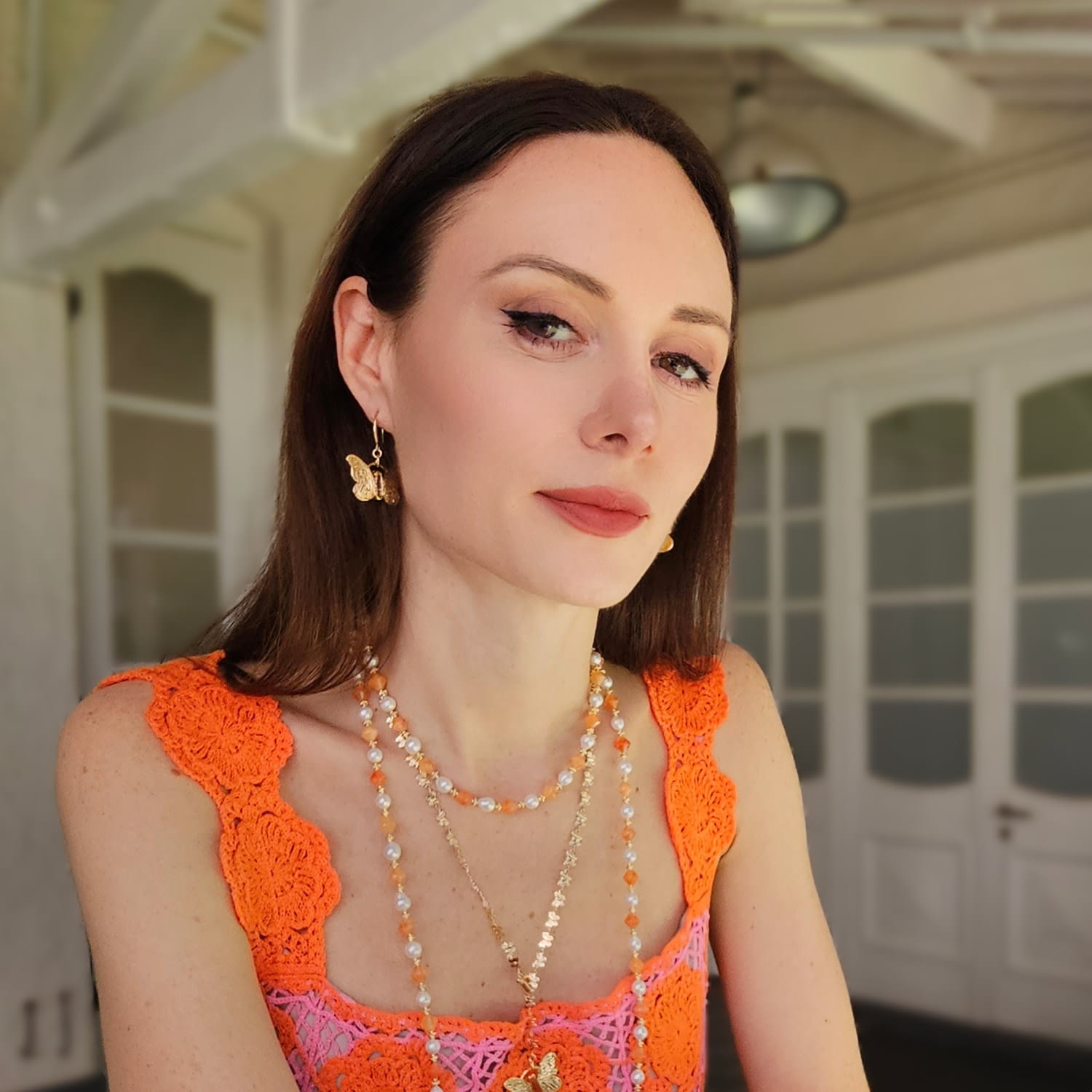 Gold Butterfly Red Agate Stone Dangle Earrings