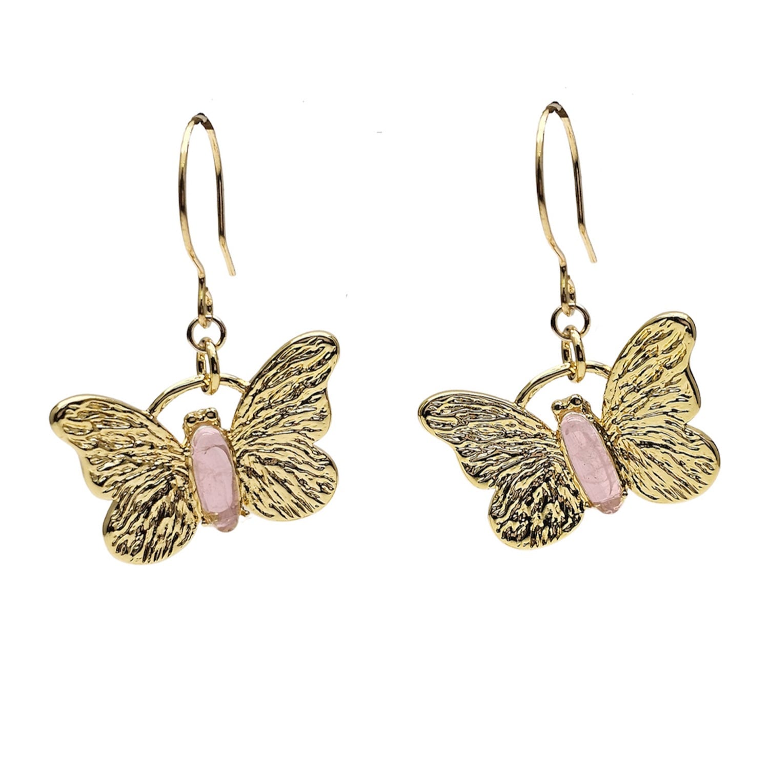 Gold Butterfly With Rose Quartz Stone Earrings