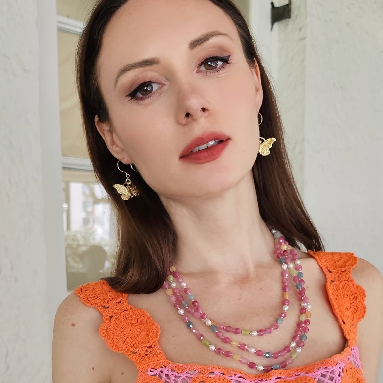 Gold Butterfly With Rose Quartz Stone Earrings