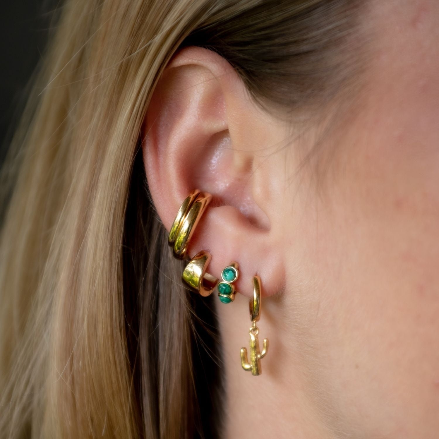 Gold Cactus Charm Hoop Earrings