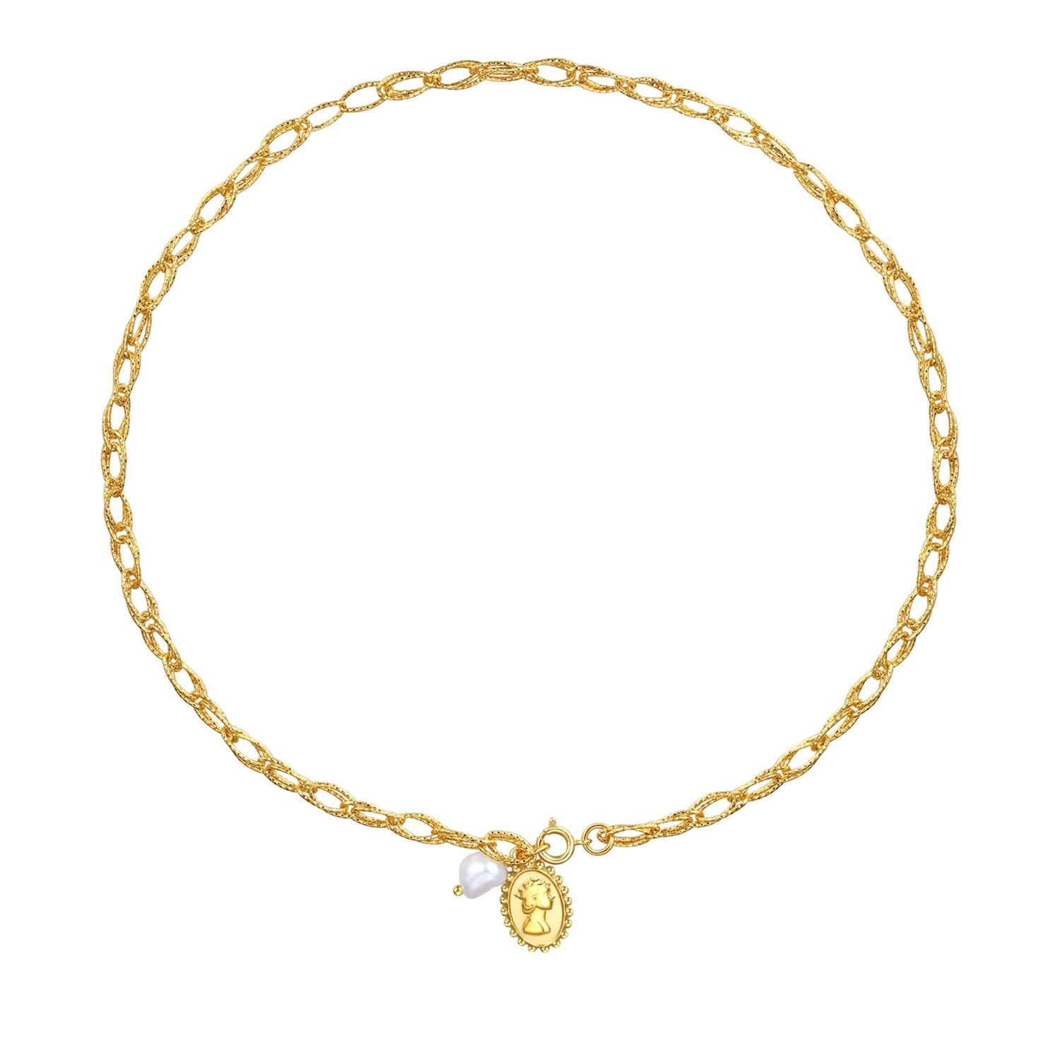 Gold Carved Pendant & Pearl Necklace