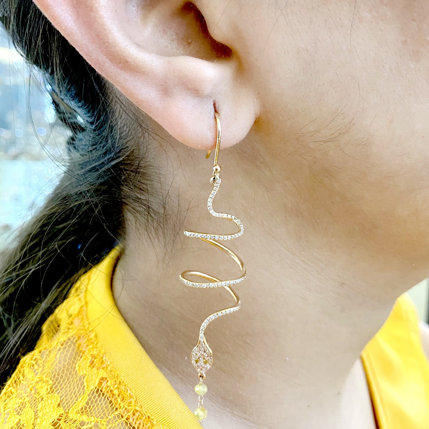 Carved Snake Earrings With Yellow Topaz & Pave Diamond In Gold