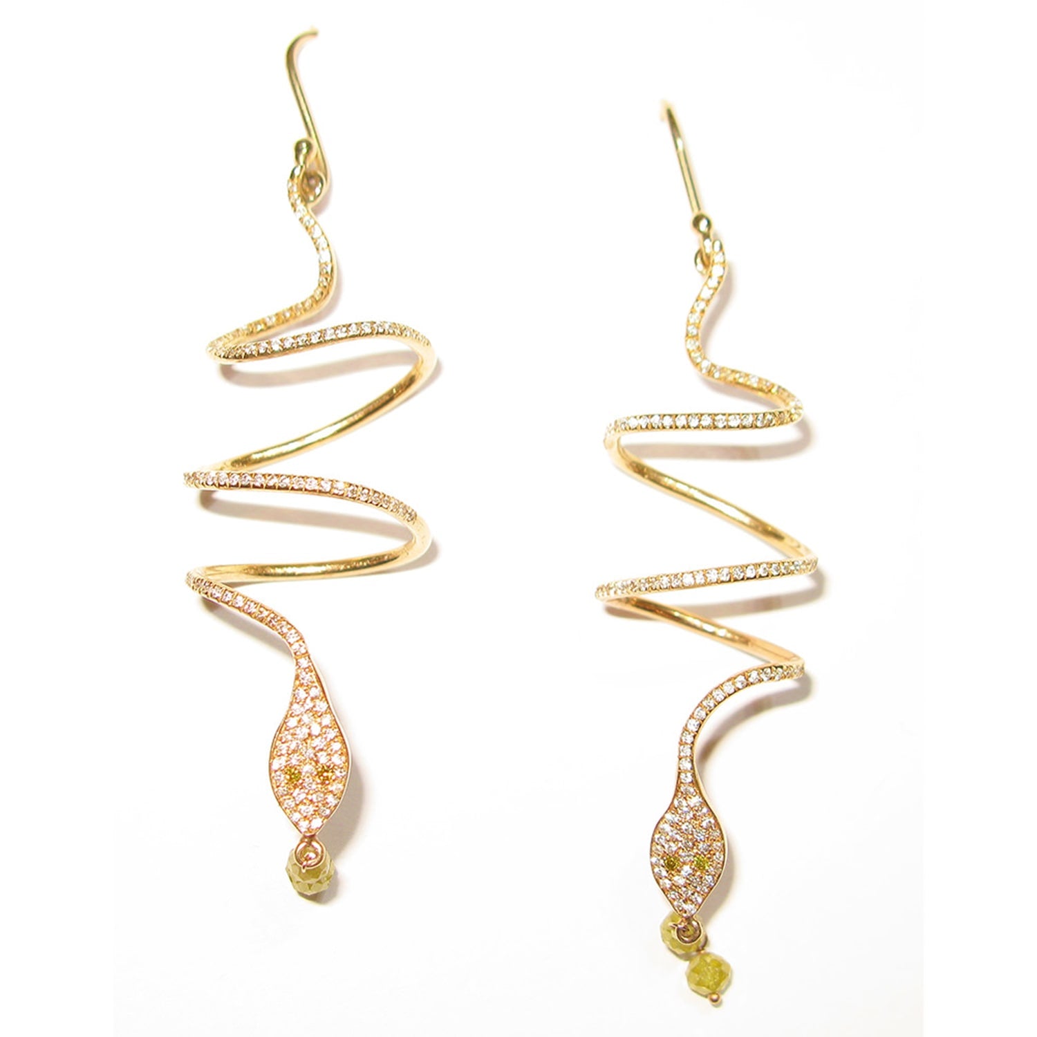 Carved Snake Earrings With Yellow Topaz & Pave Diamond In Gold