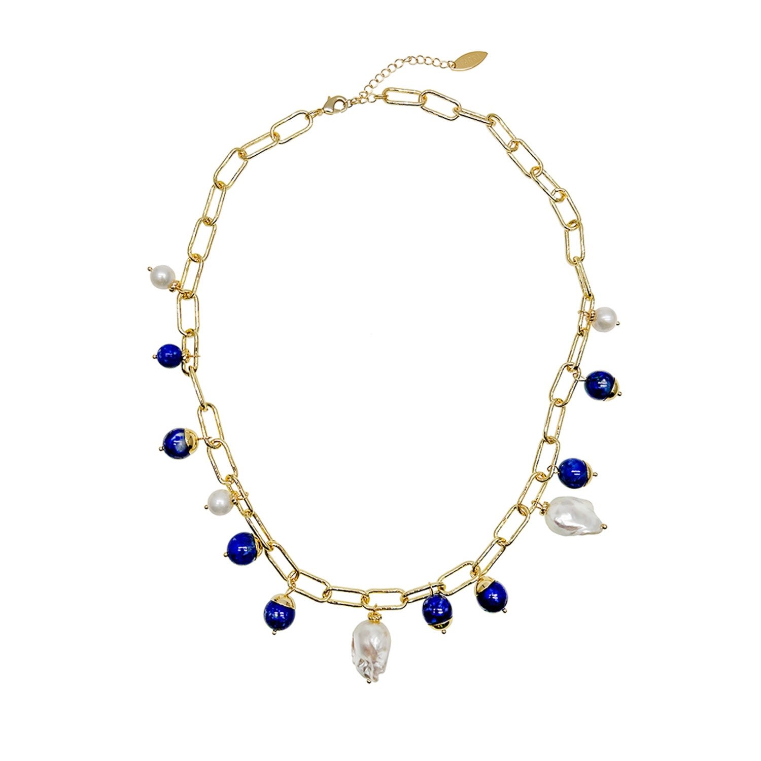 Gold Chain With Baroque Pearls And Lapis Charms Necklace