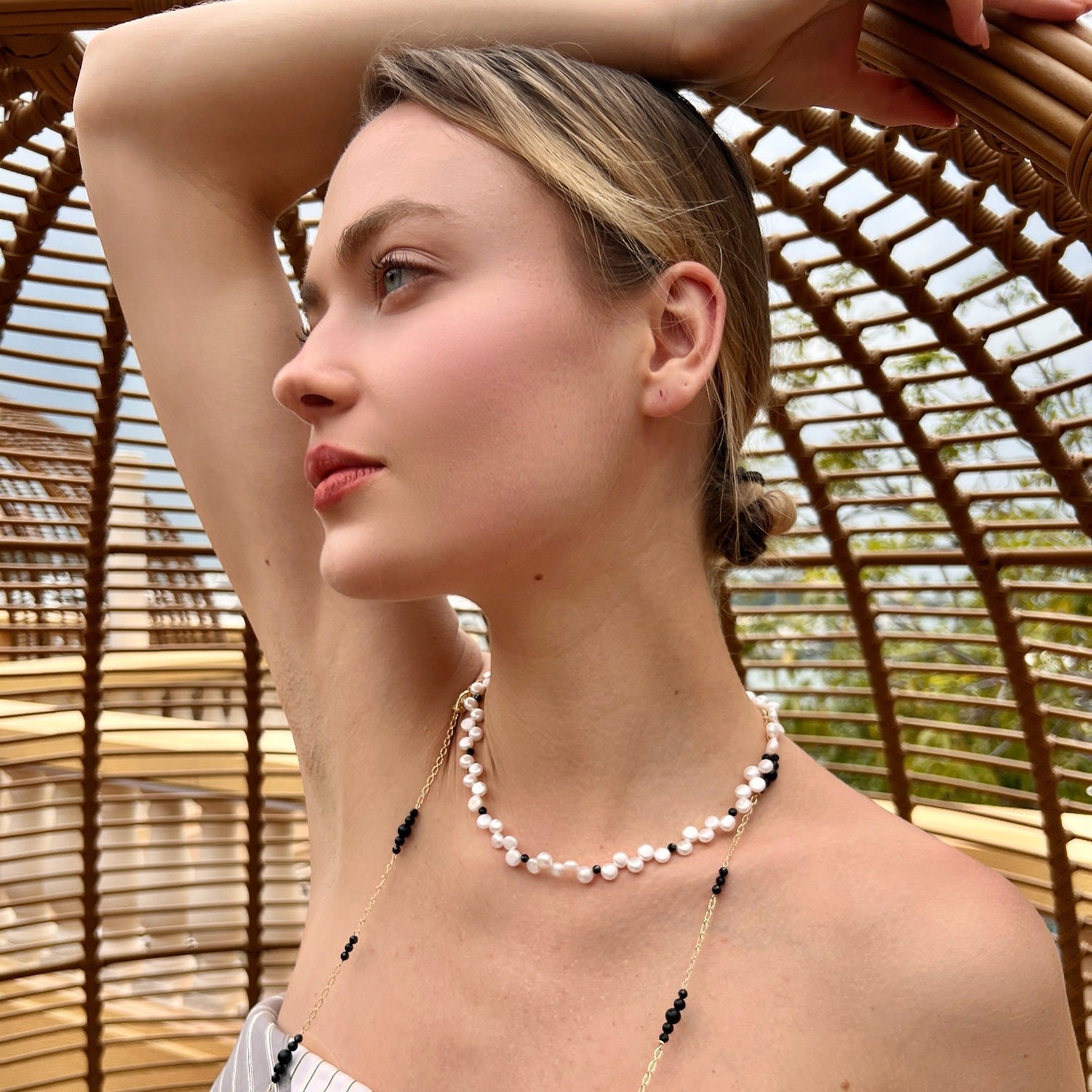 Gold Chain With Black Obsidian Long Necklace