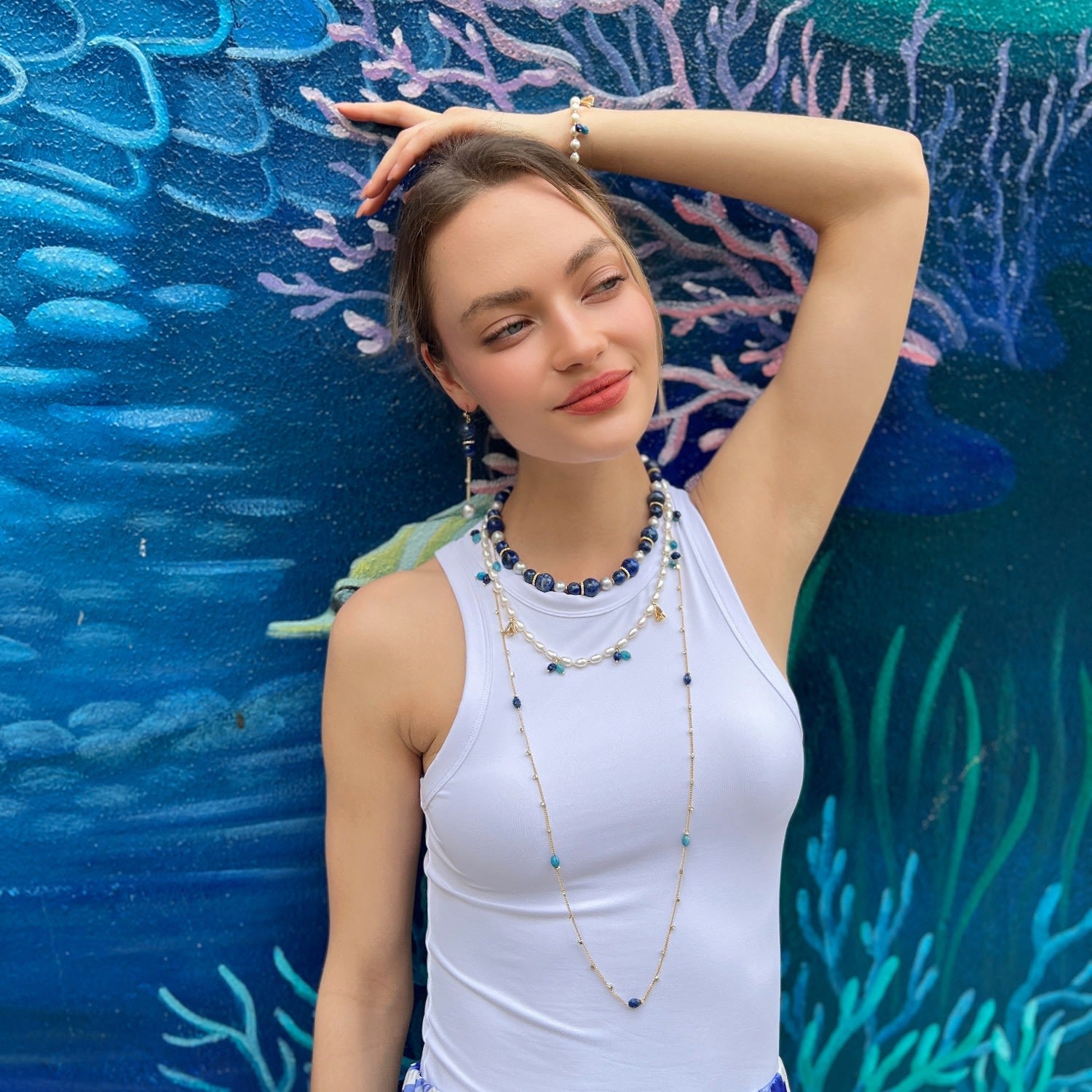 Gold Chain With Blue Gemstone Long Necklace