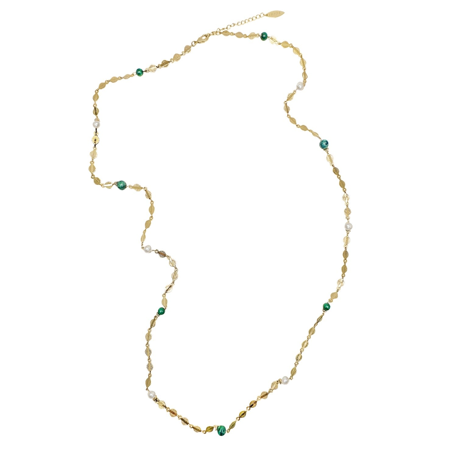 Gold Chain With Green Gemstones And White Pearls Long Necklace