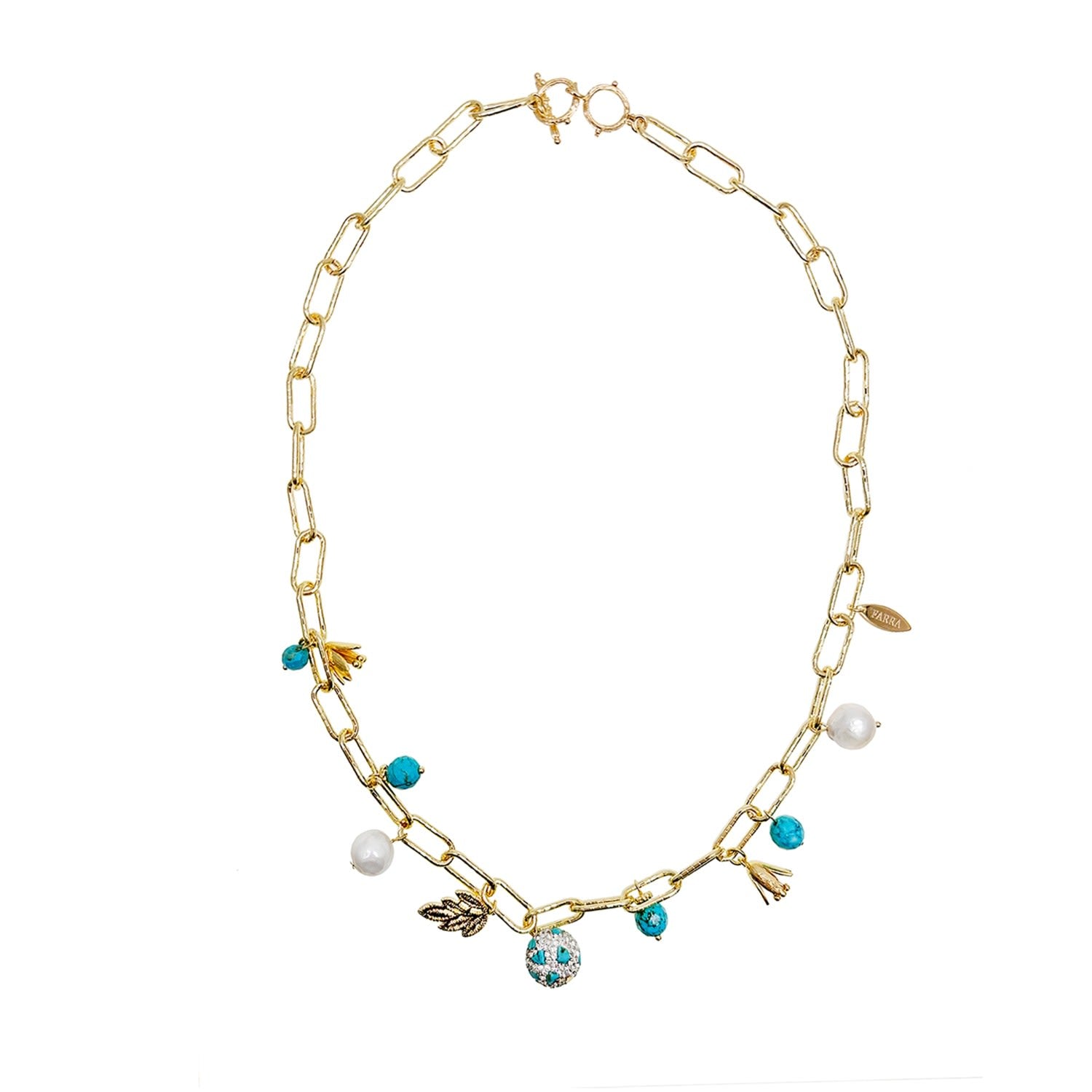 Gold Chain With Turquoise And Pearls Necklace