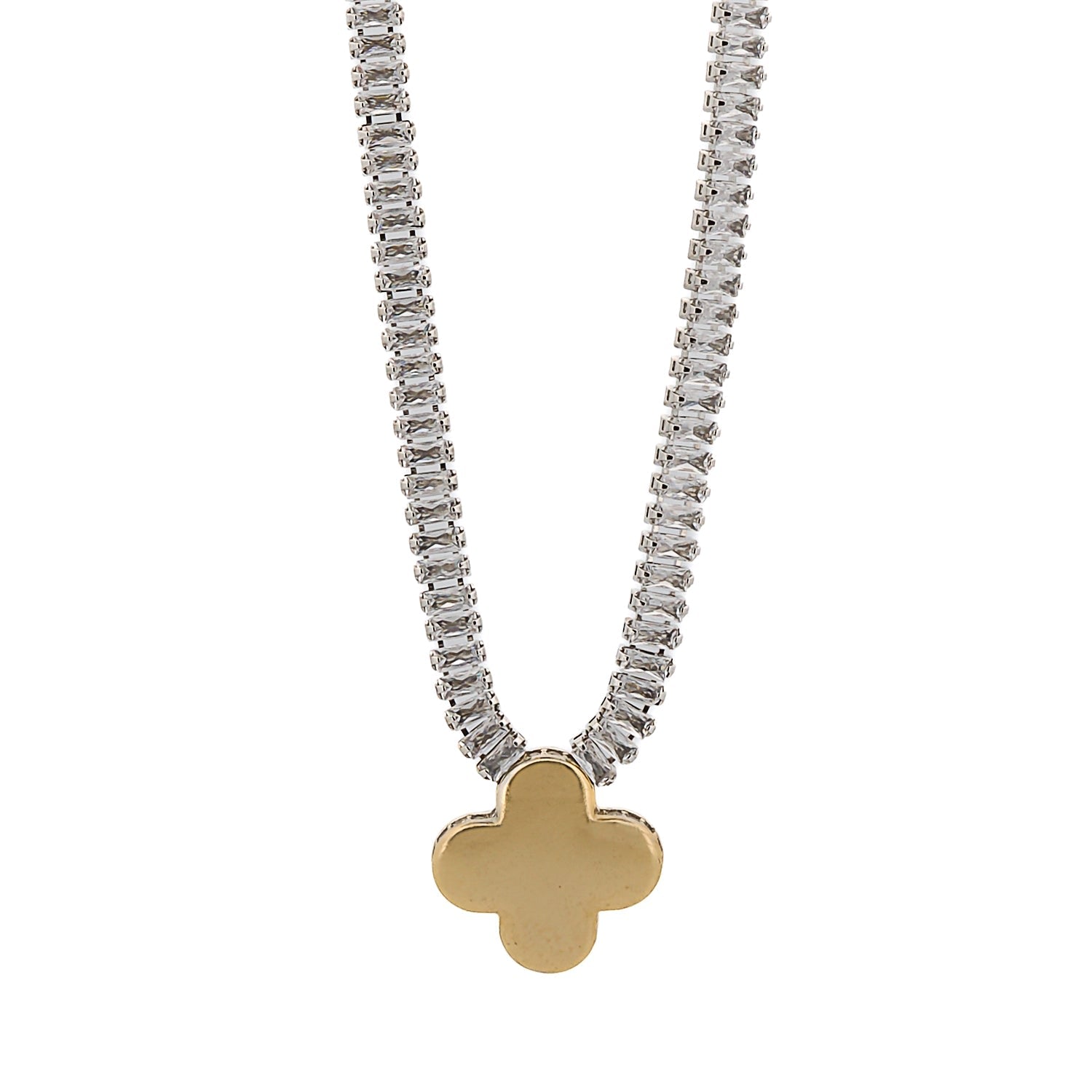 Gold Clover Charm Baguette Diamond Necklace - Gold