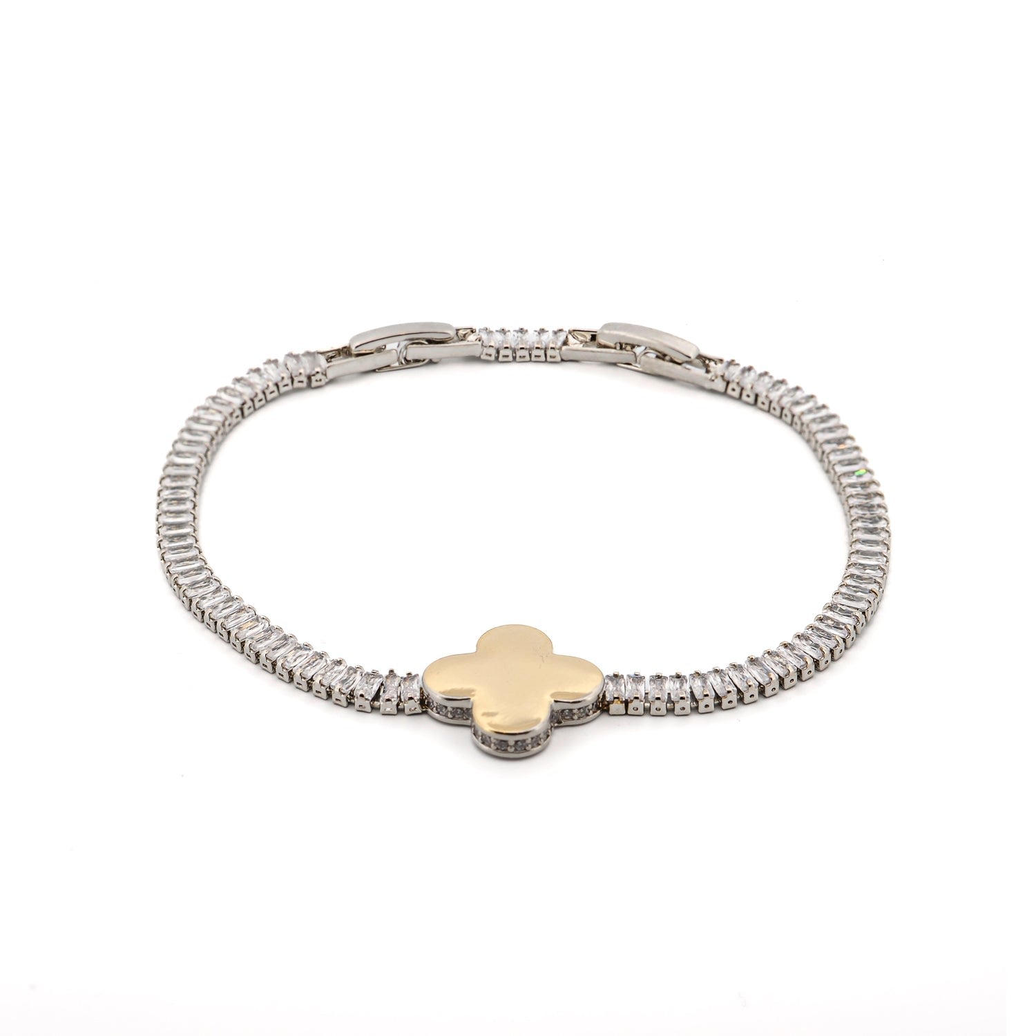 Gold Clover Charm Baguette Diamond Bracelet - Gold