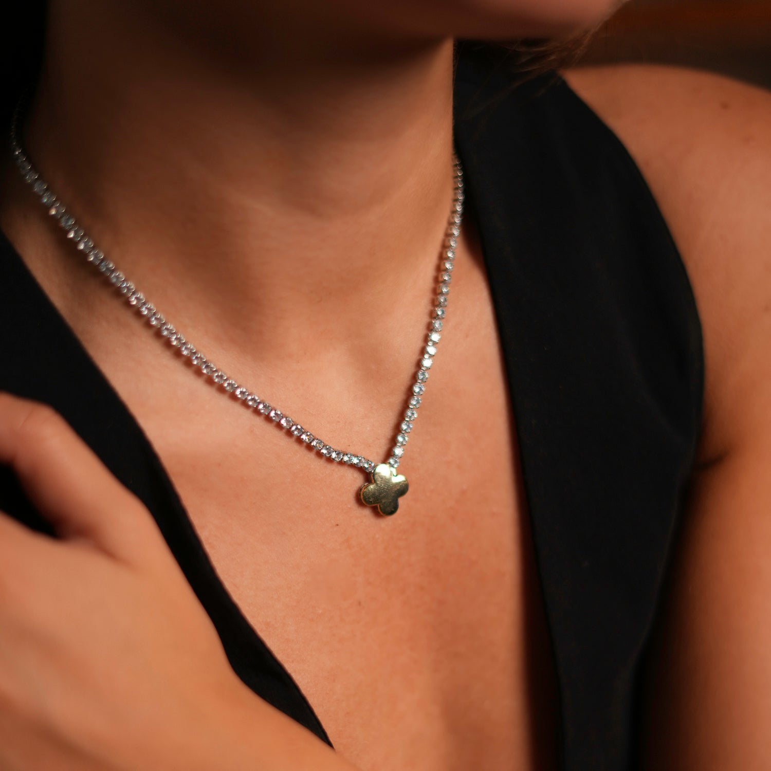 Gold Clover Pendant Diamond Tennis Necklace - Silver