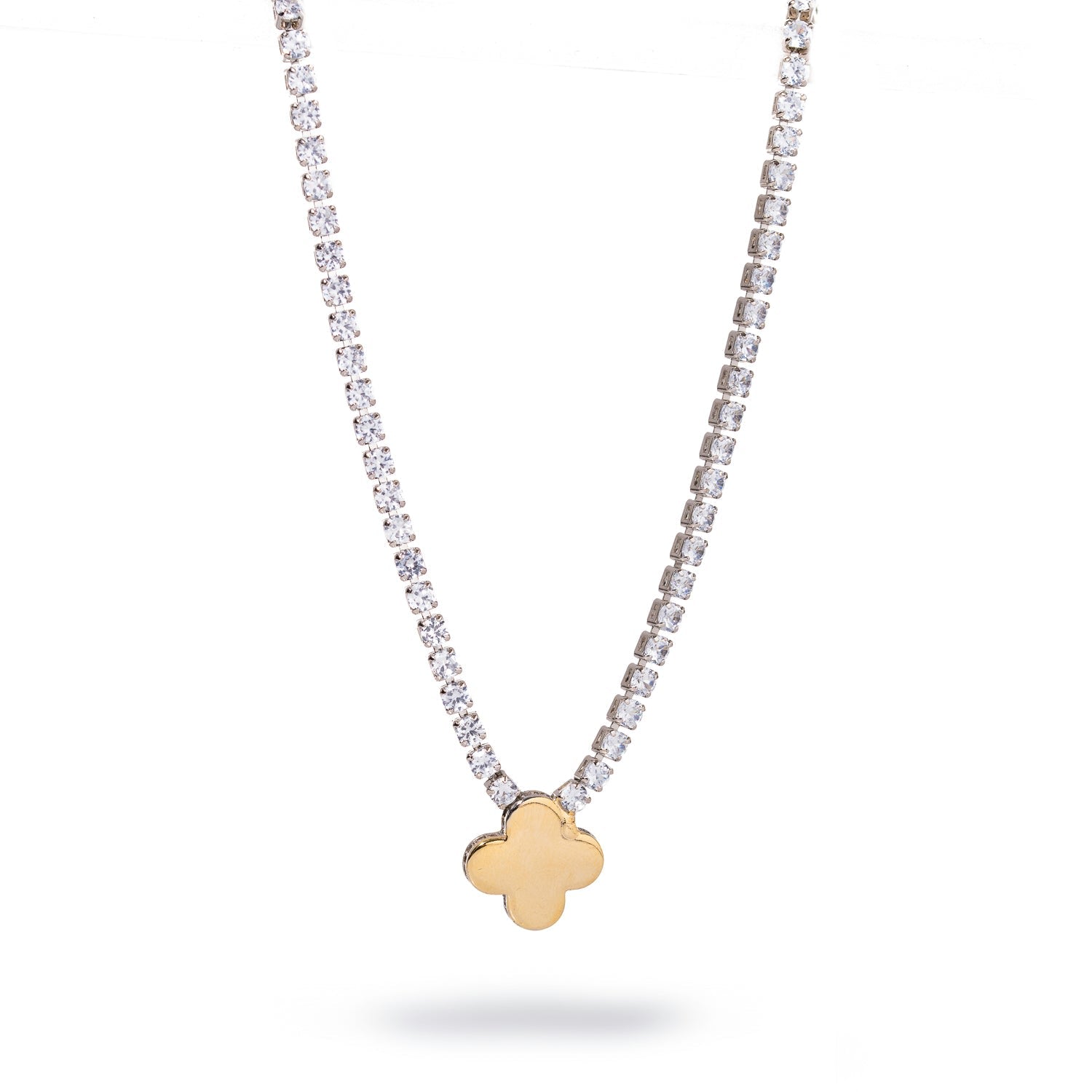 Gold Clover Pendant Diamond Tennis Necklace - Silver