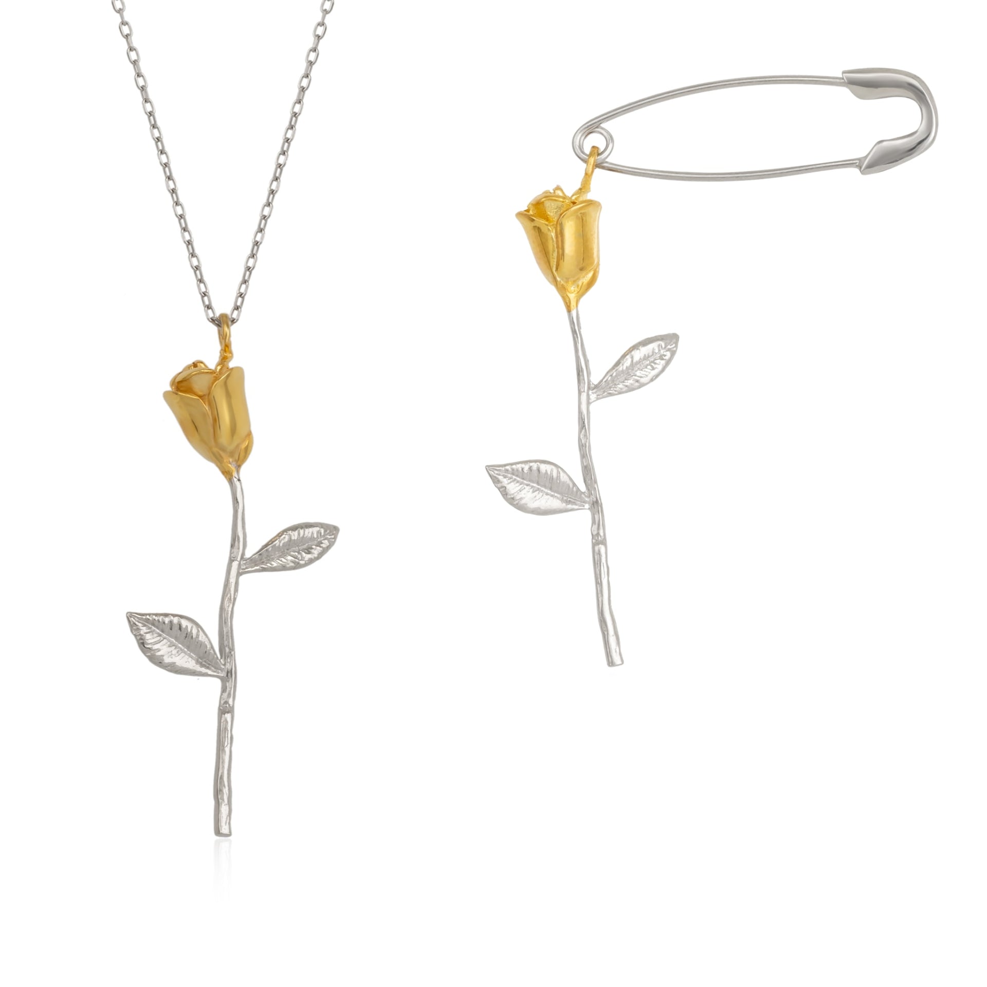 Gold Color Rose Sterling Silver Necklace & Safety Pin Earring Set